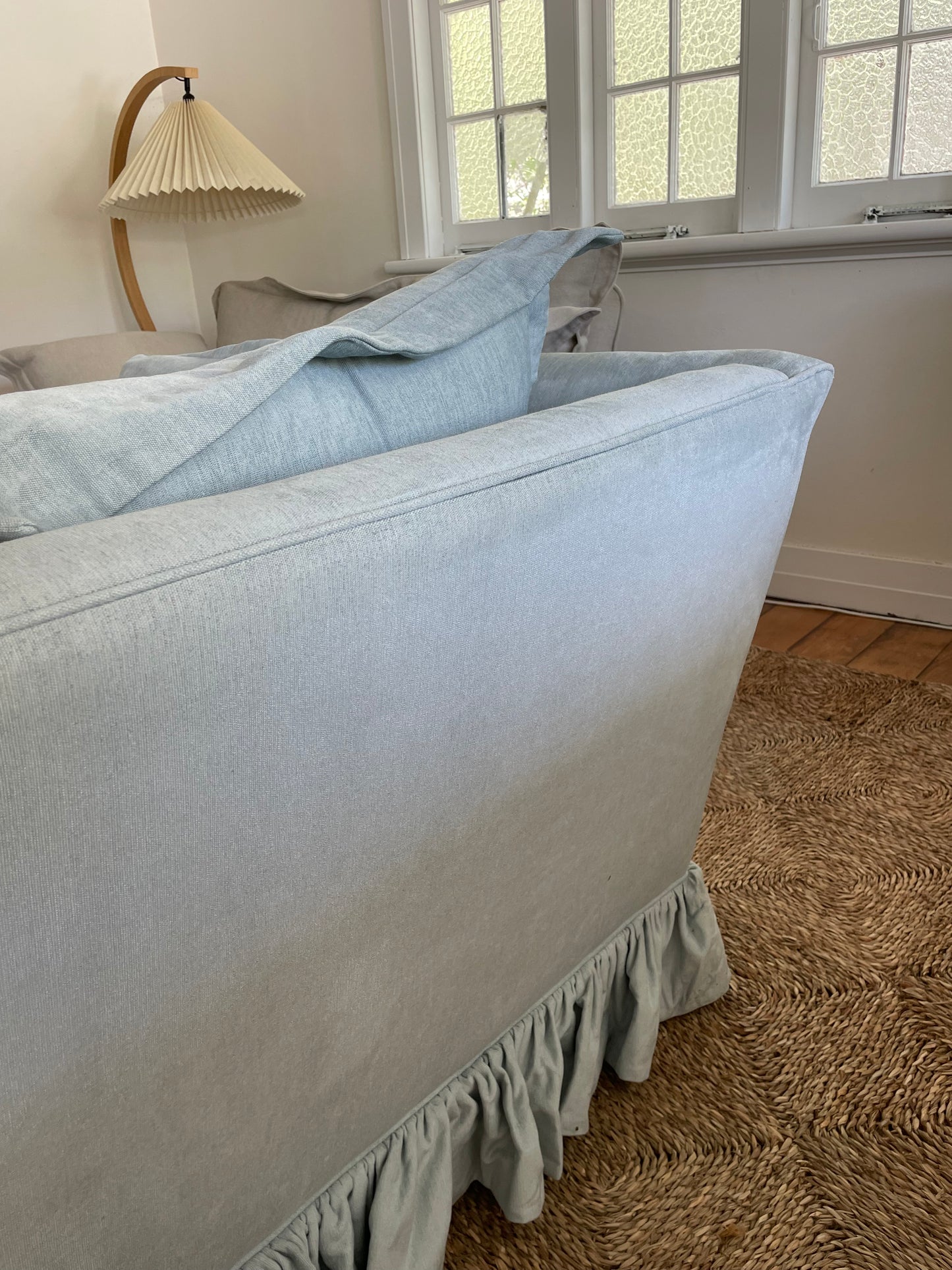 Blue Linen Ruffle Sofa