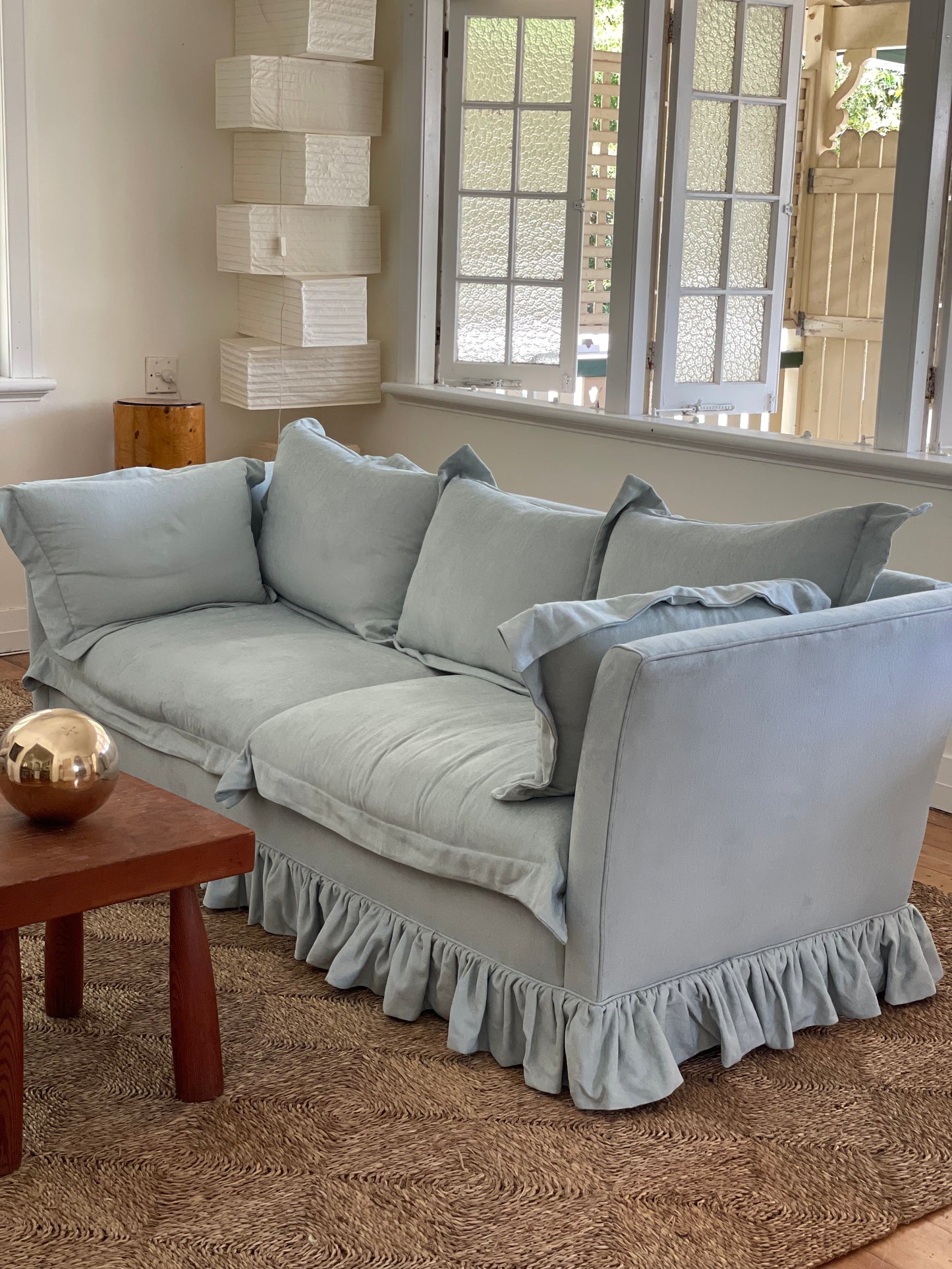 Blue Linen Ruffle Sofa