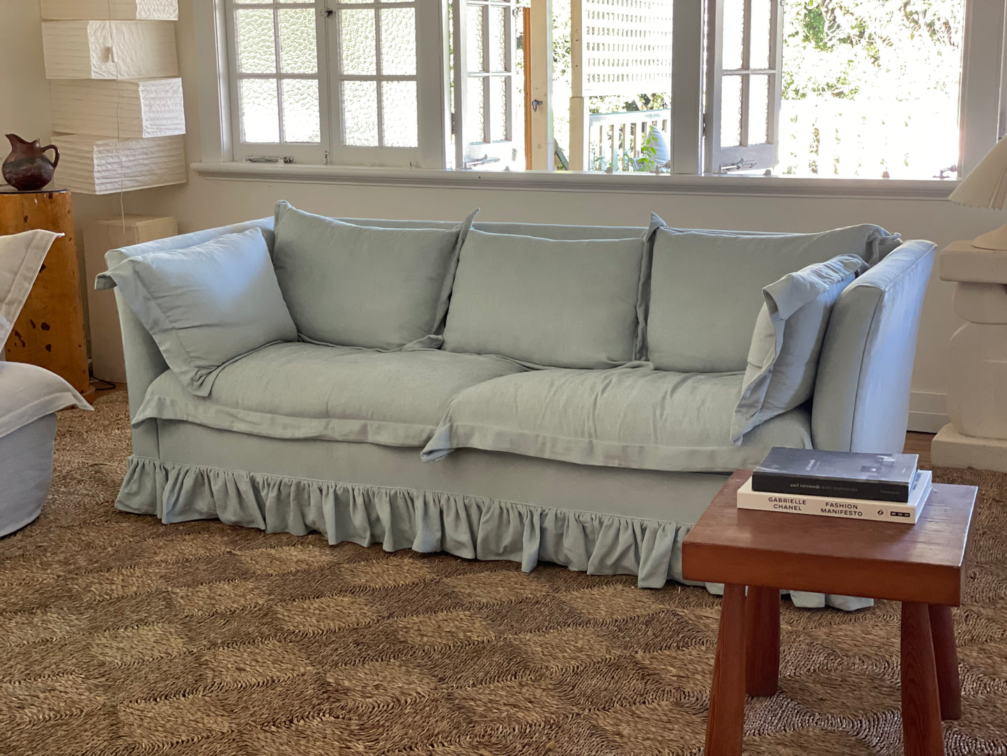 Blue Linen Ruffle Sofa