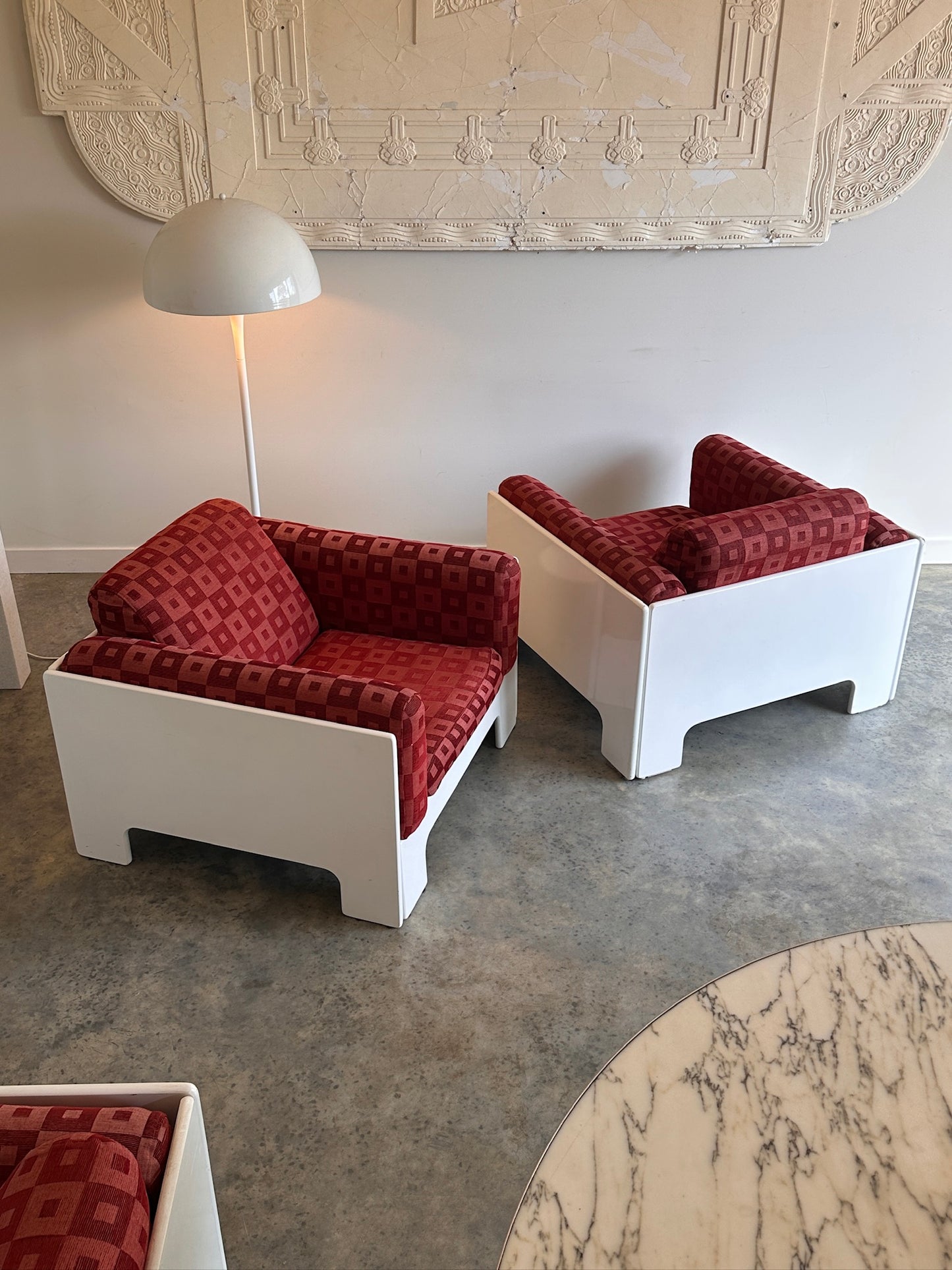 Vintage Chunky 70's Lounge Suite - Graphic Pink / Red Check Fabric