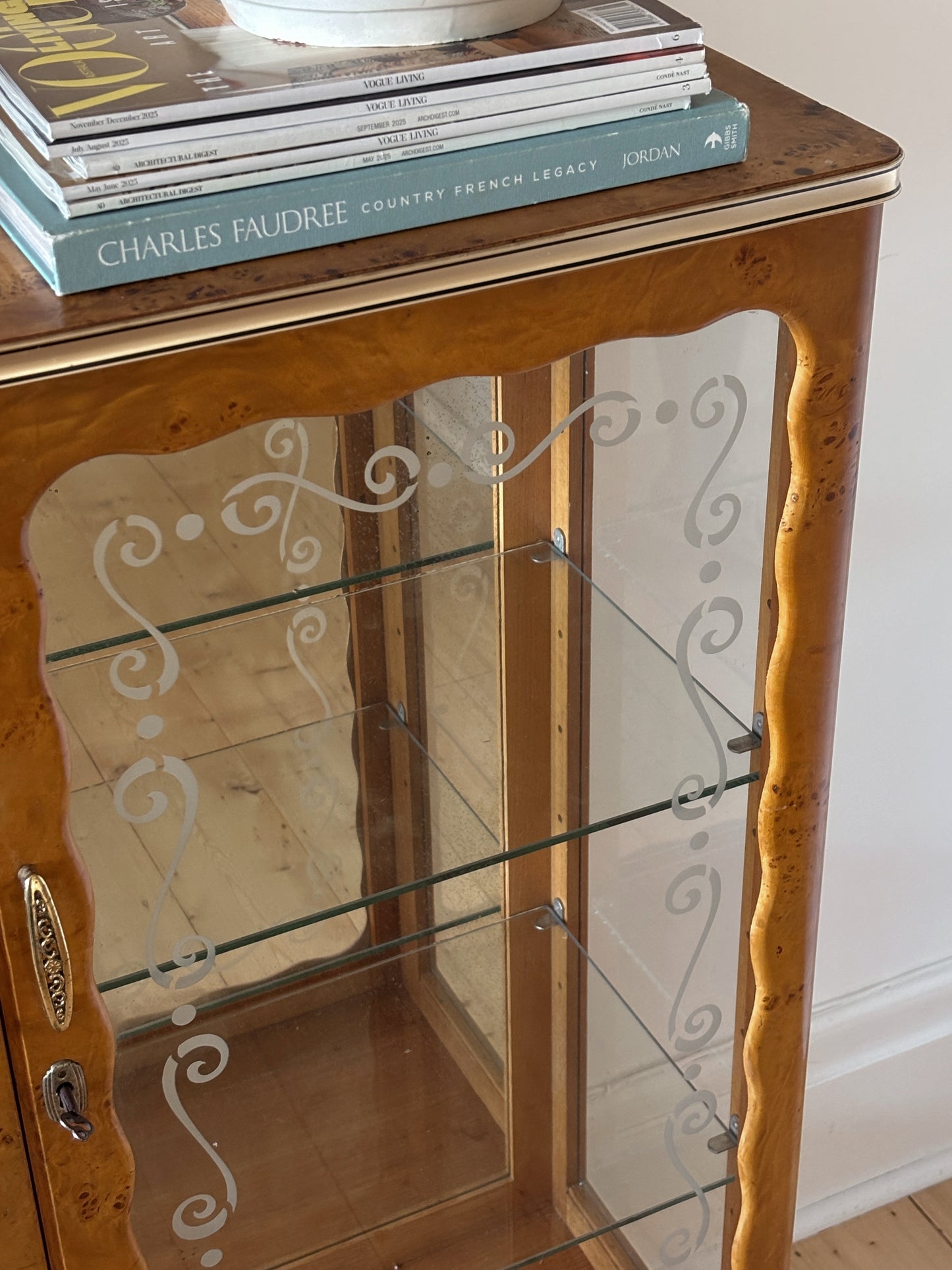 Vintage 1950s Burl & Glass Cabinet
