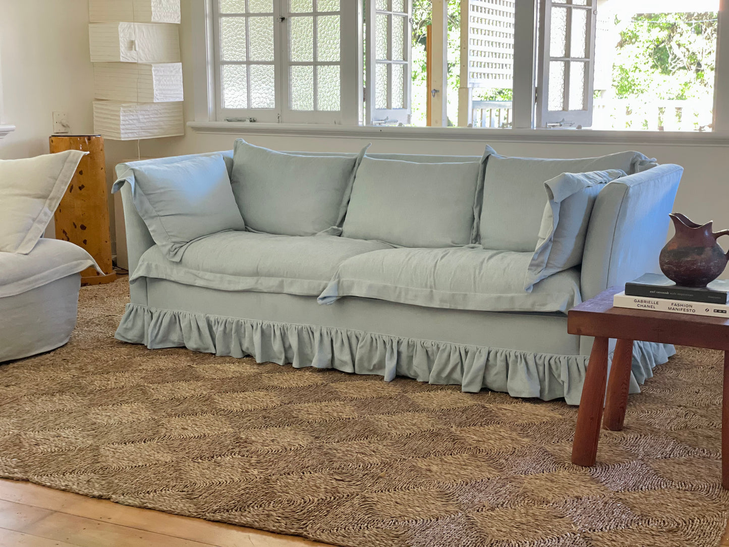 Blue Linen Ruffle Sofa