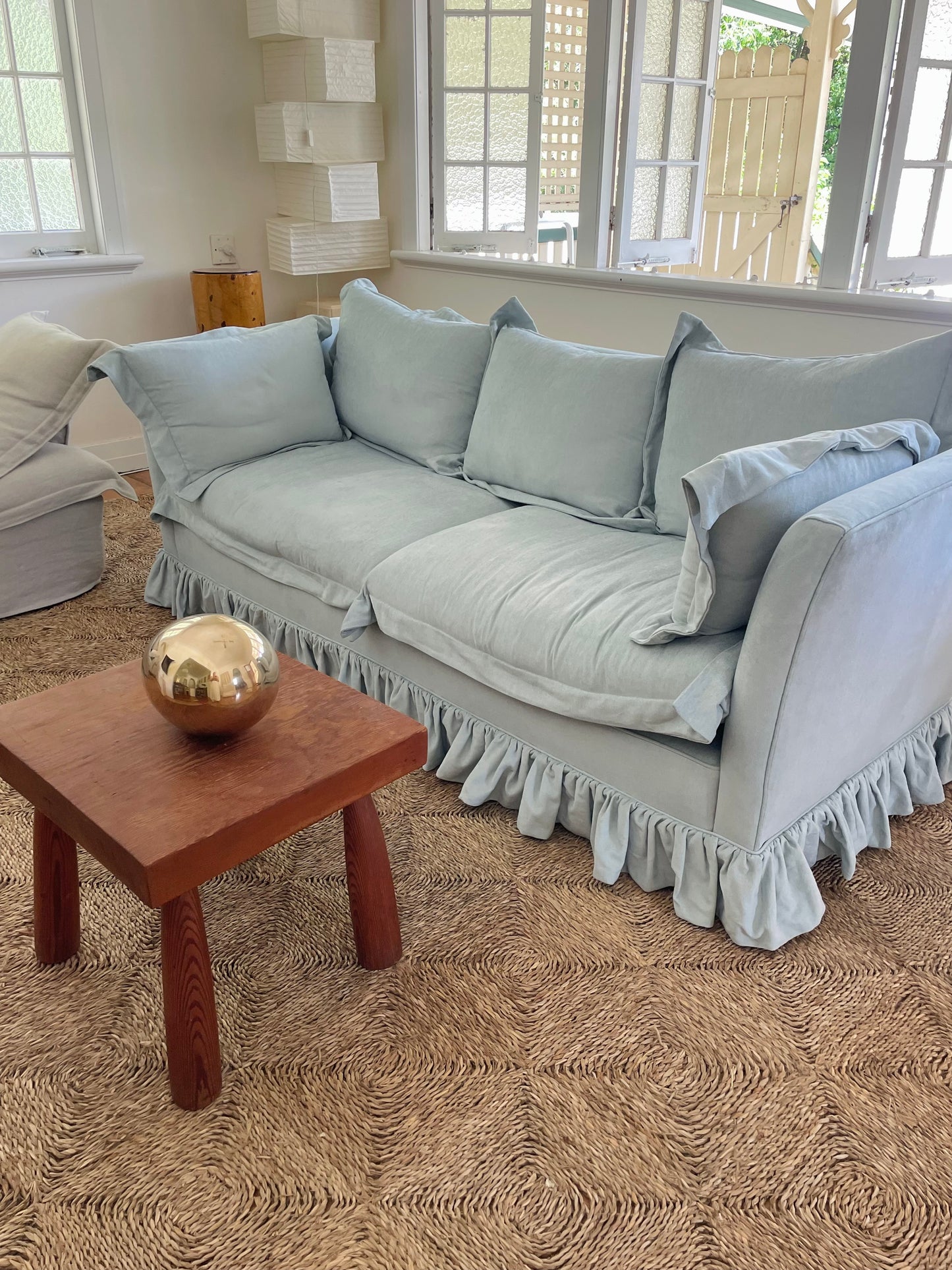 Blue Linen Ruffle Sofa