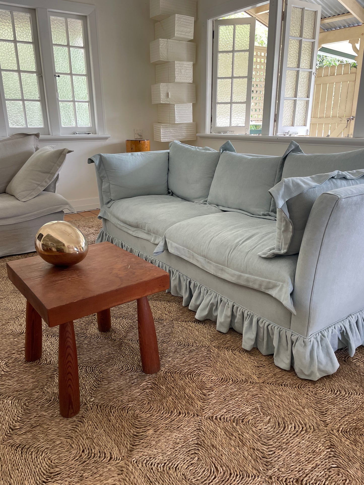 Blue Linen Ruffle Sofa