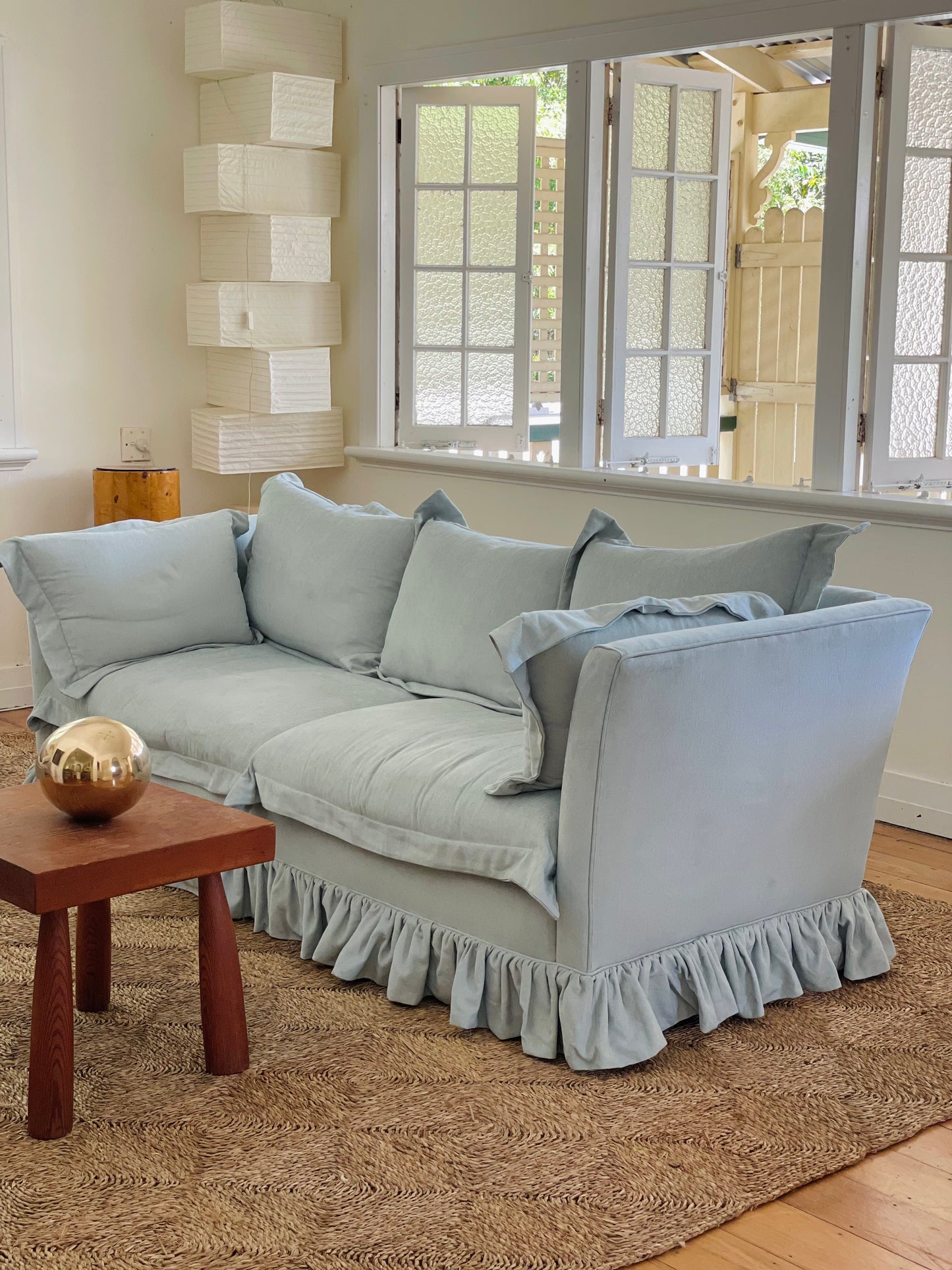 Blue Linen Ruffle Sofa