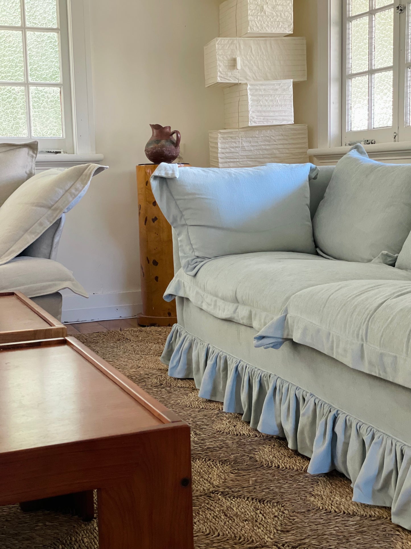 Blue Linen Ruffle Sofa