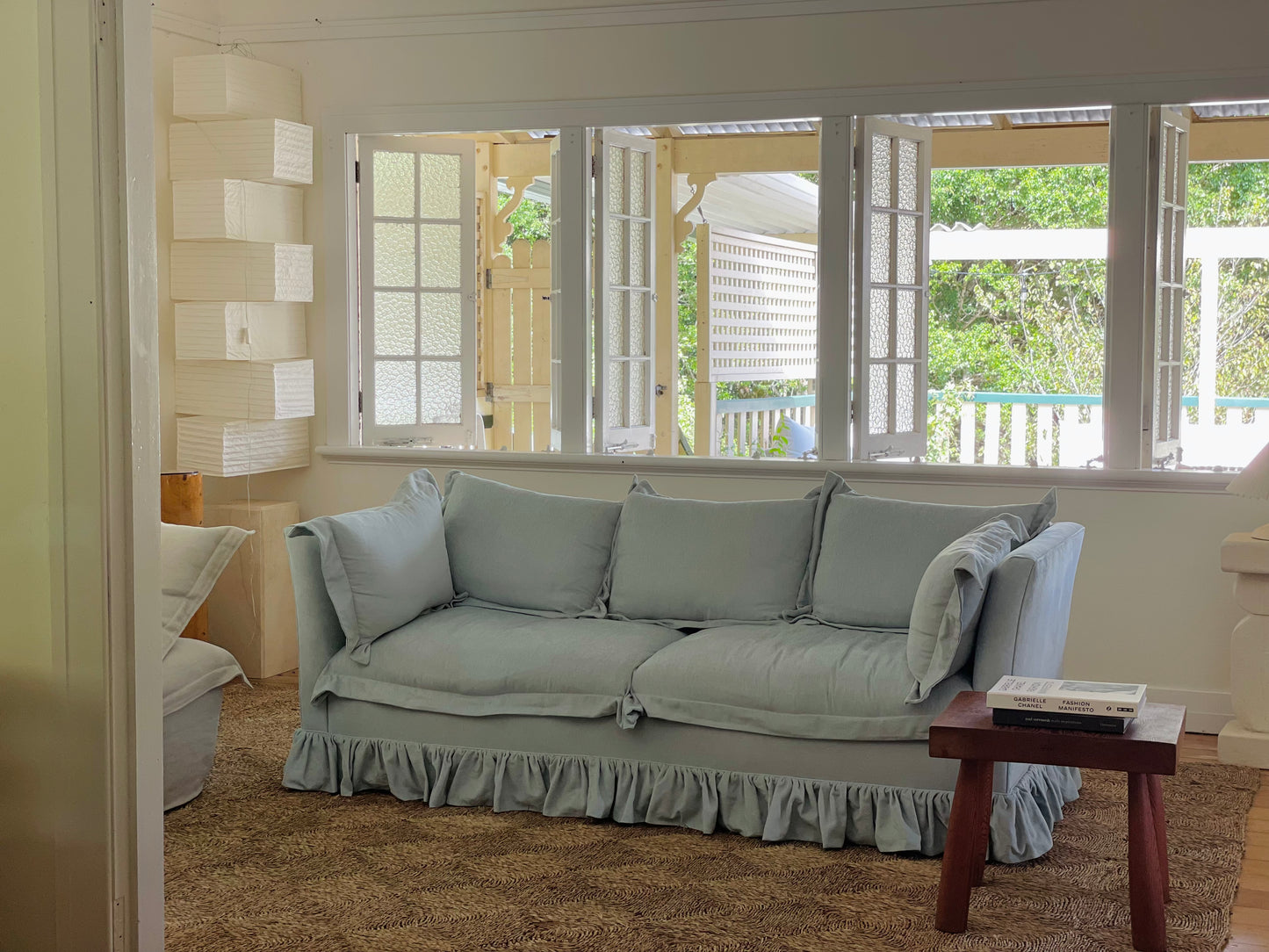 Blue Linen Ruffle Sofa