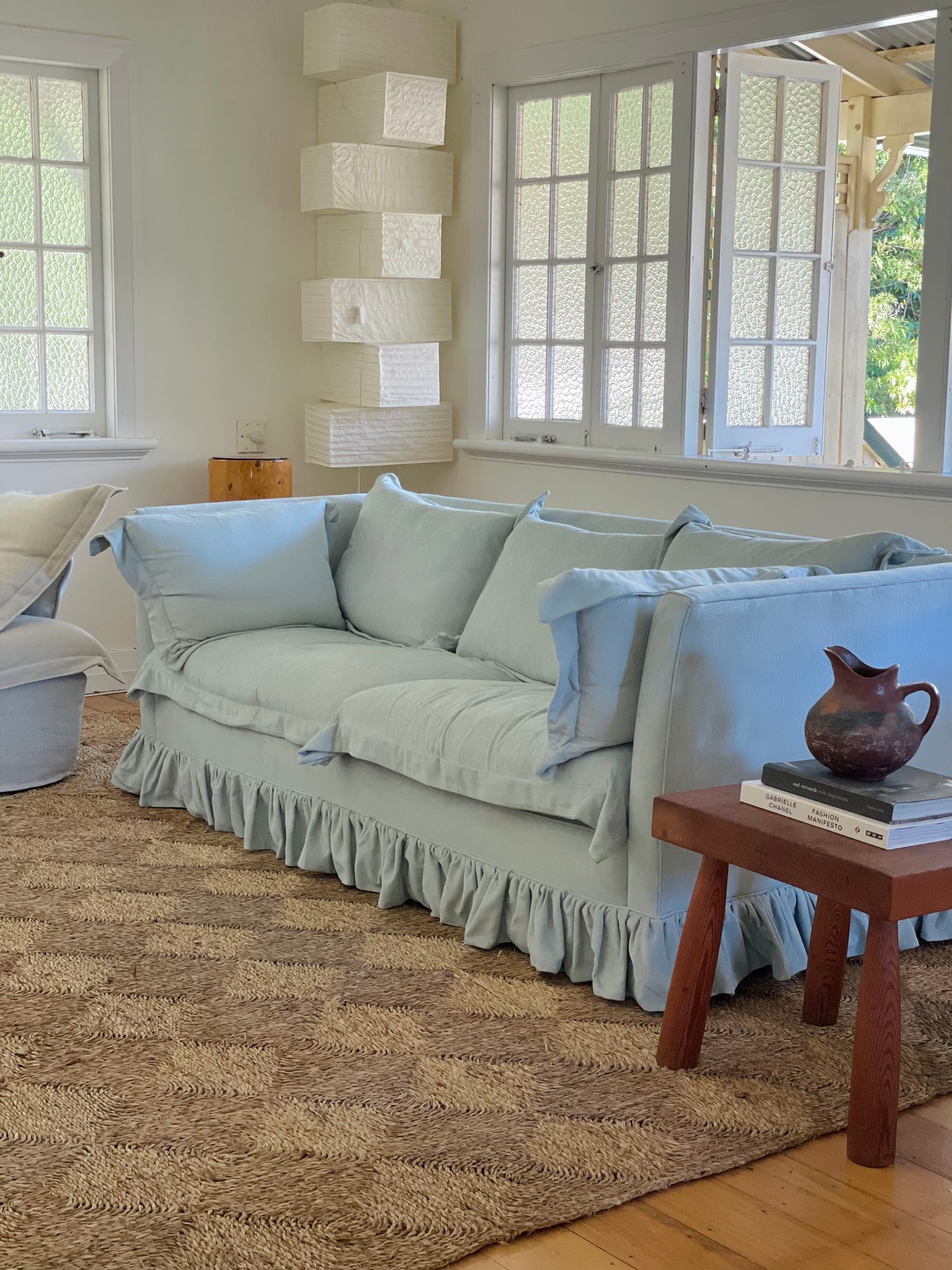 Blue Linen Ruffle Sofa