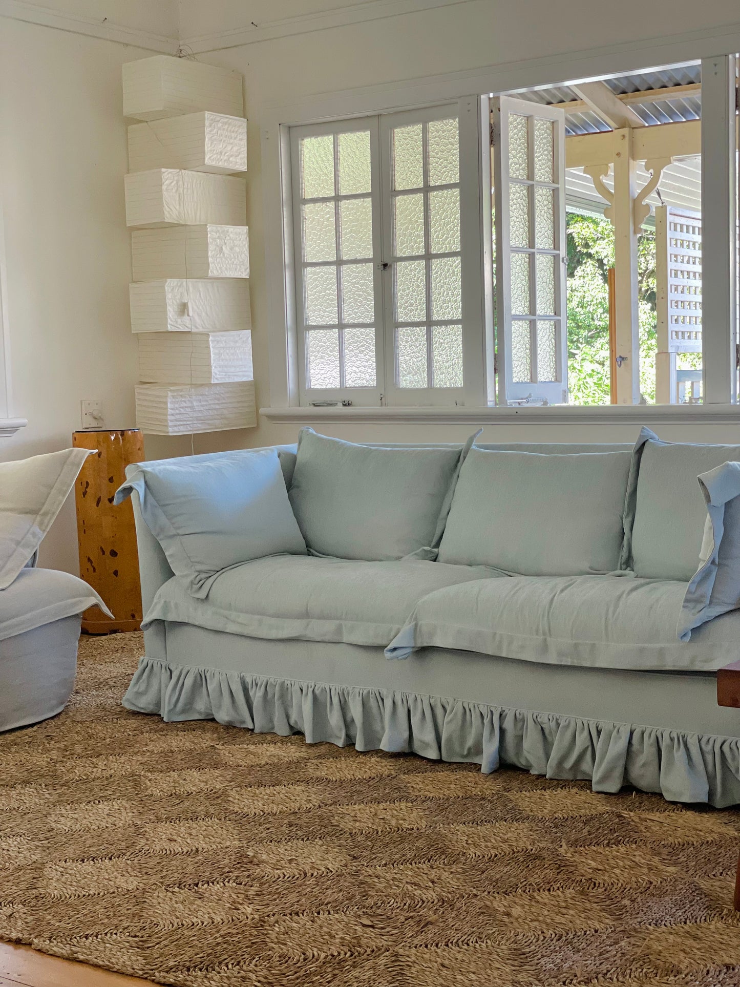 Blue Linen Ruffle Sofa