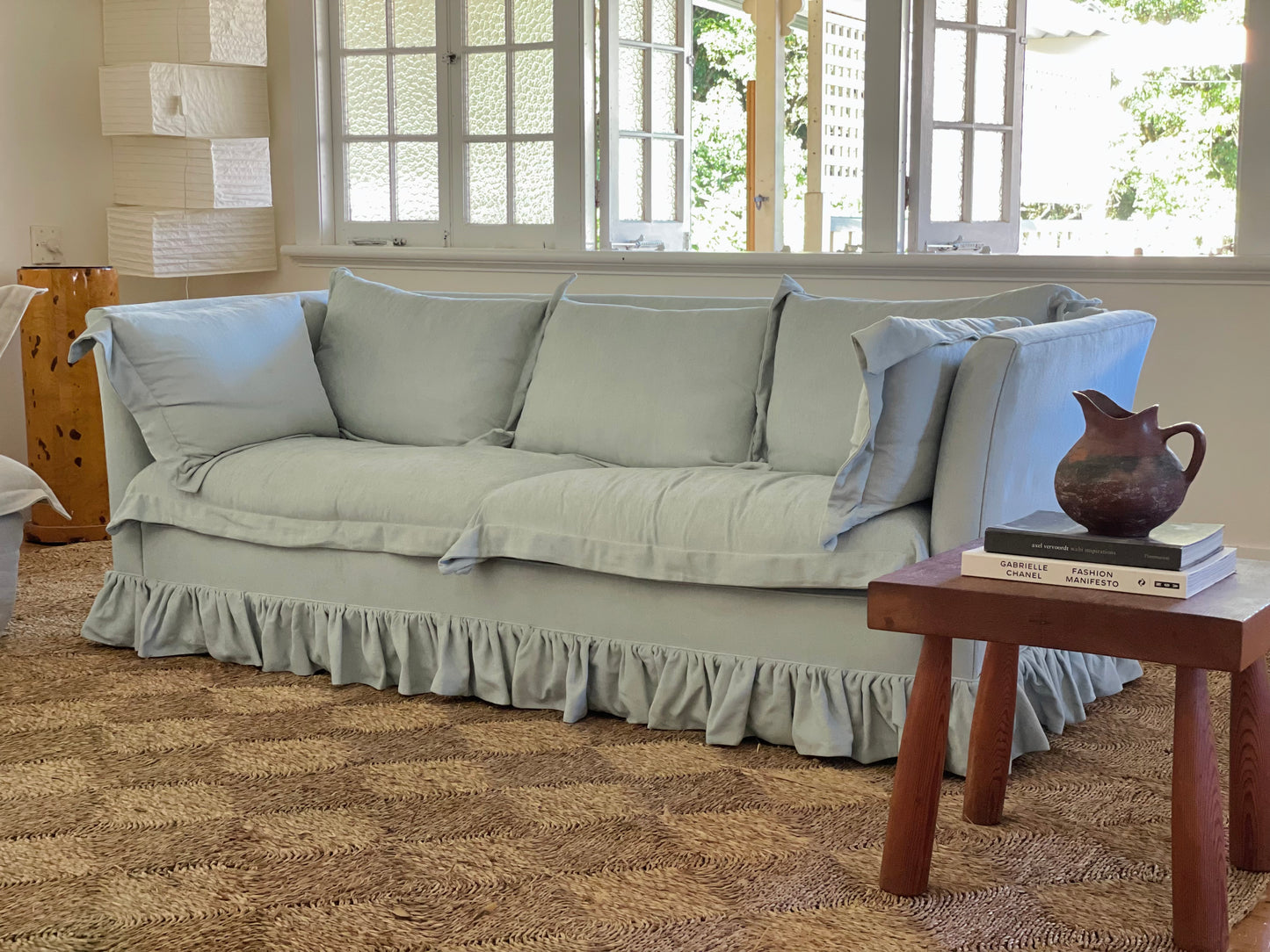 Blue Linen Ruffle Sofa
