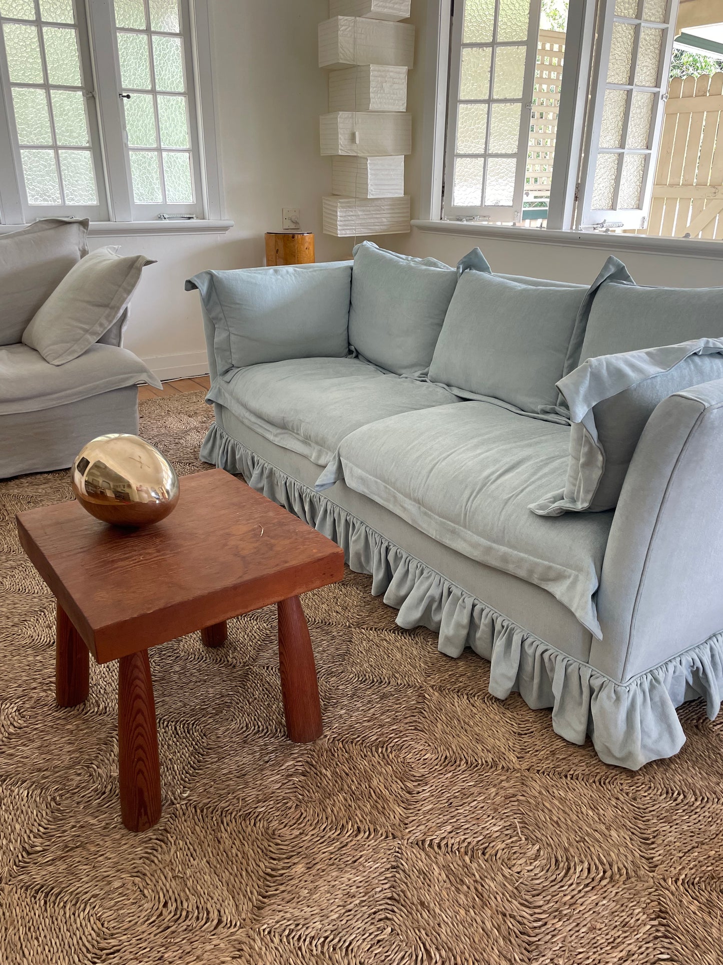 Blue Linen Ruffle Sofa
