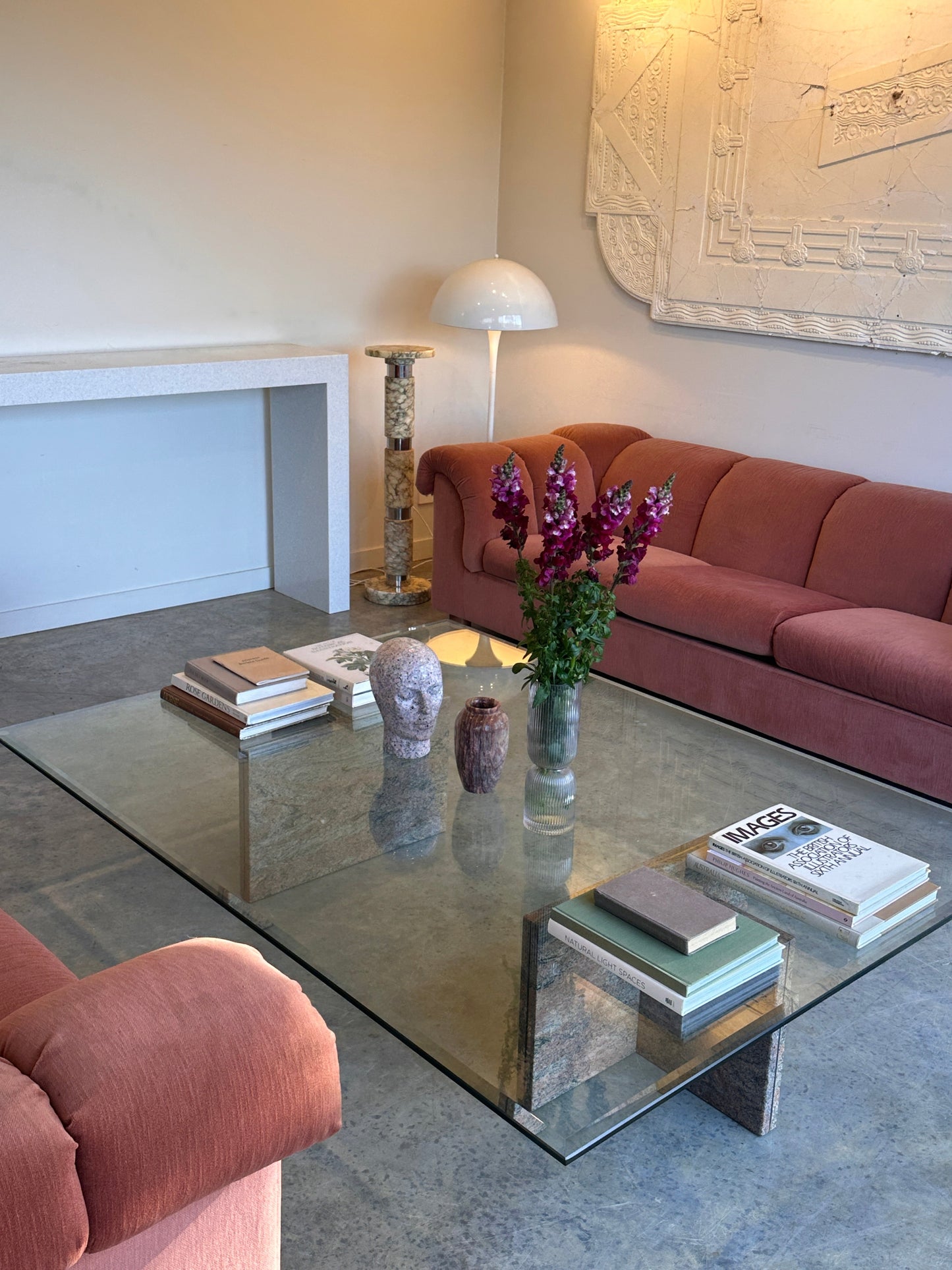 Enormous Vintage Glass & Pink Granite Coffee Table, 80's
