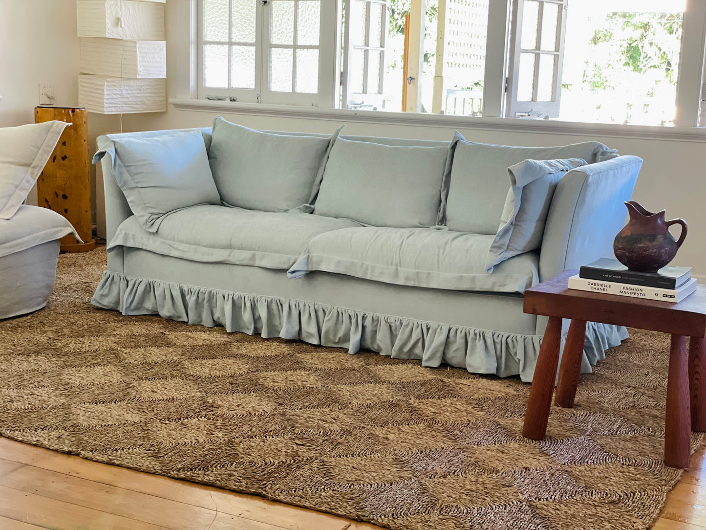 Blue Linen Ruffle Sofa