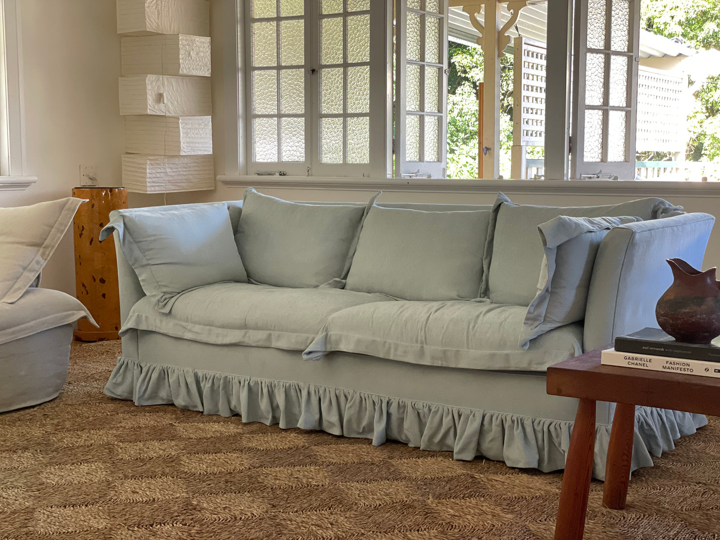 Blue Linen Ruffle Sofa