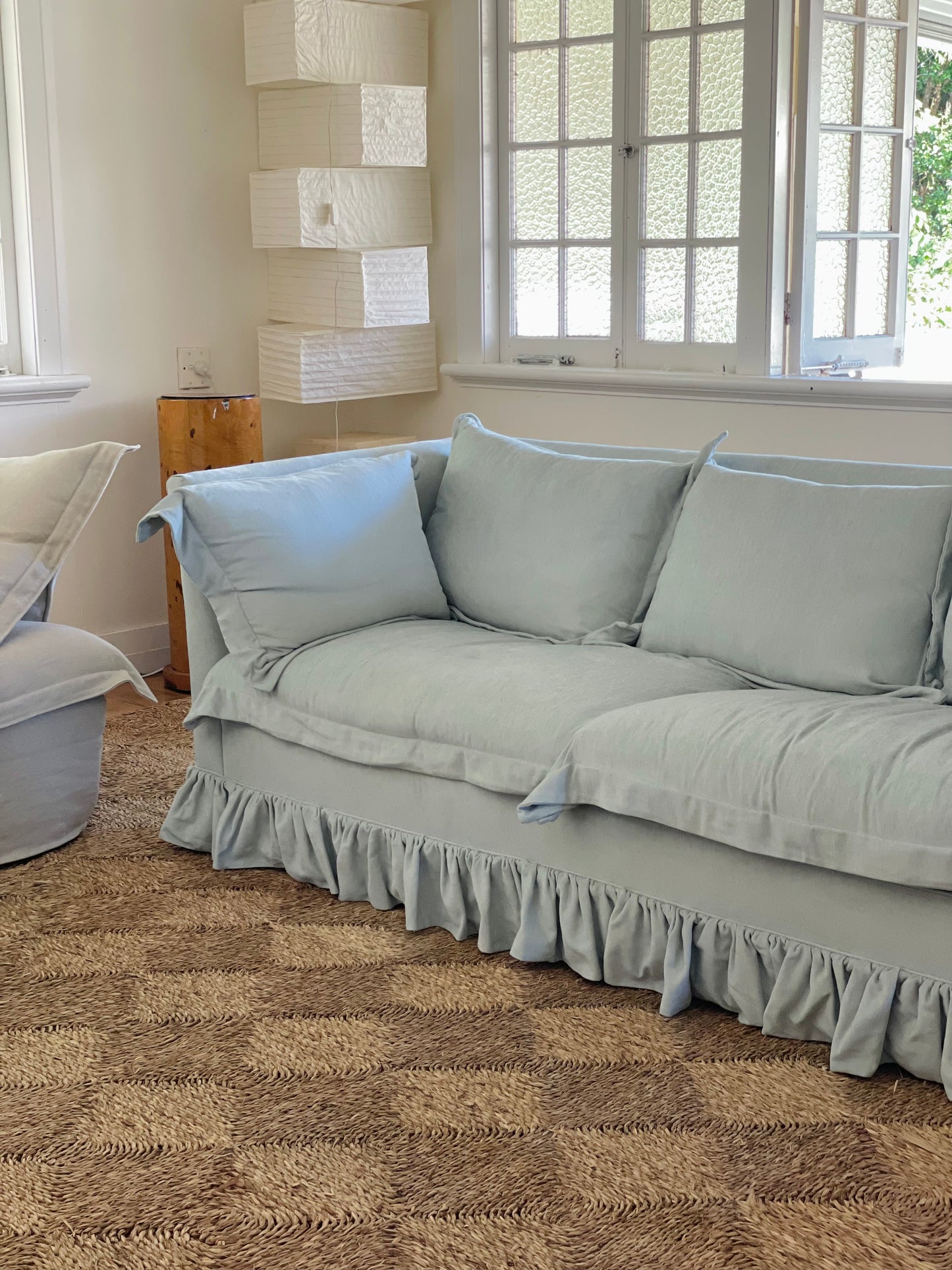 Blue Linen Ruffle Sofa