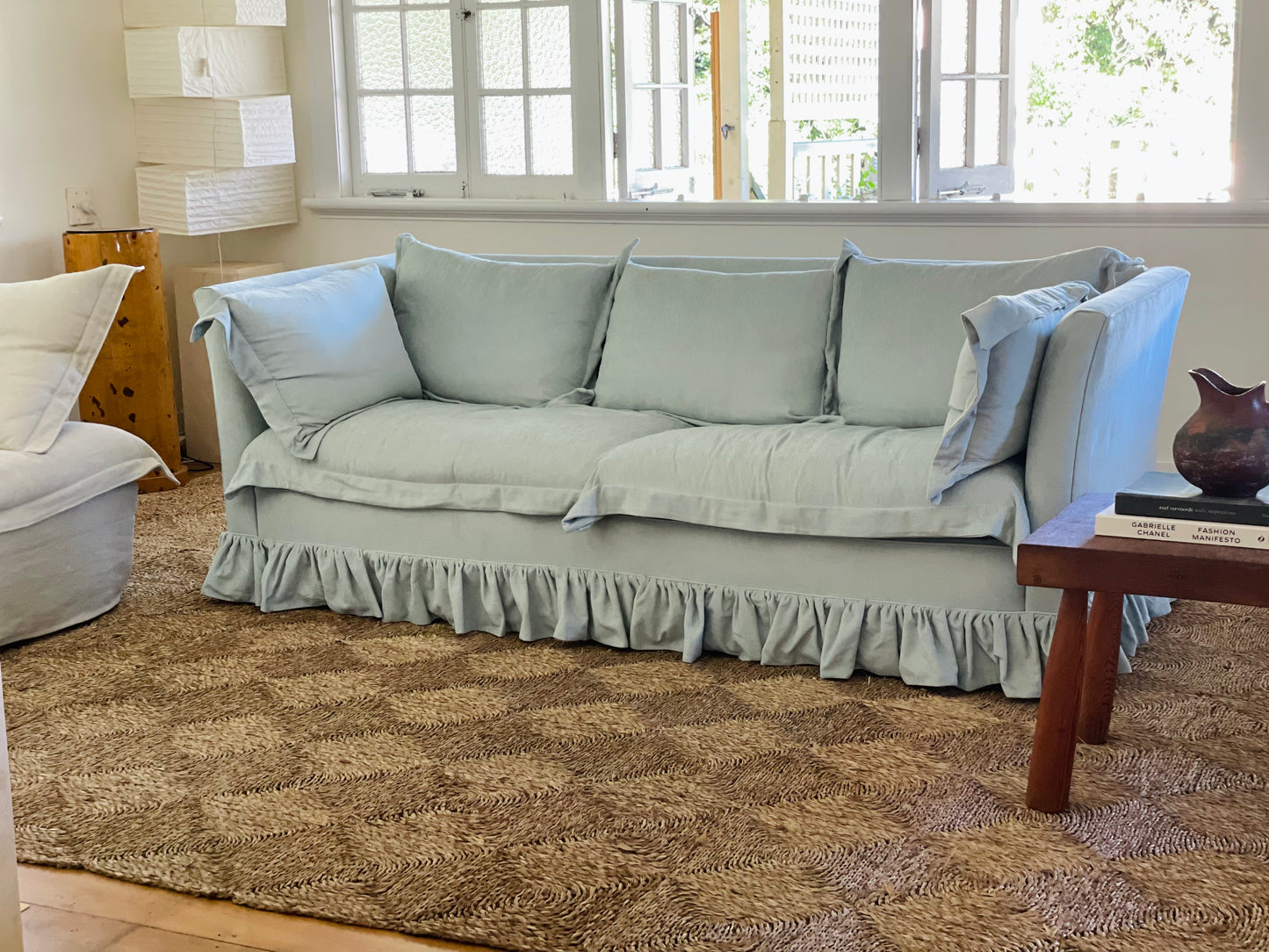 Blue Linen Ruffle Sofa