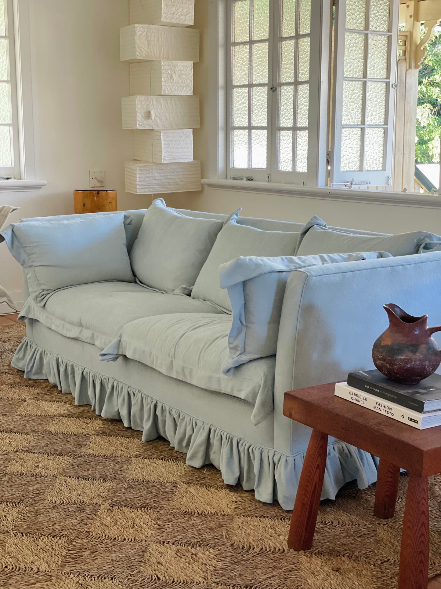 Blue Linen Ruffle Sofa