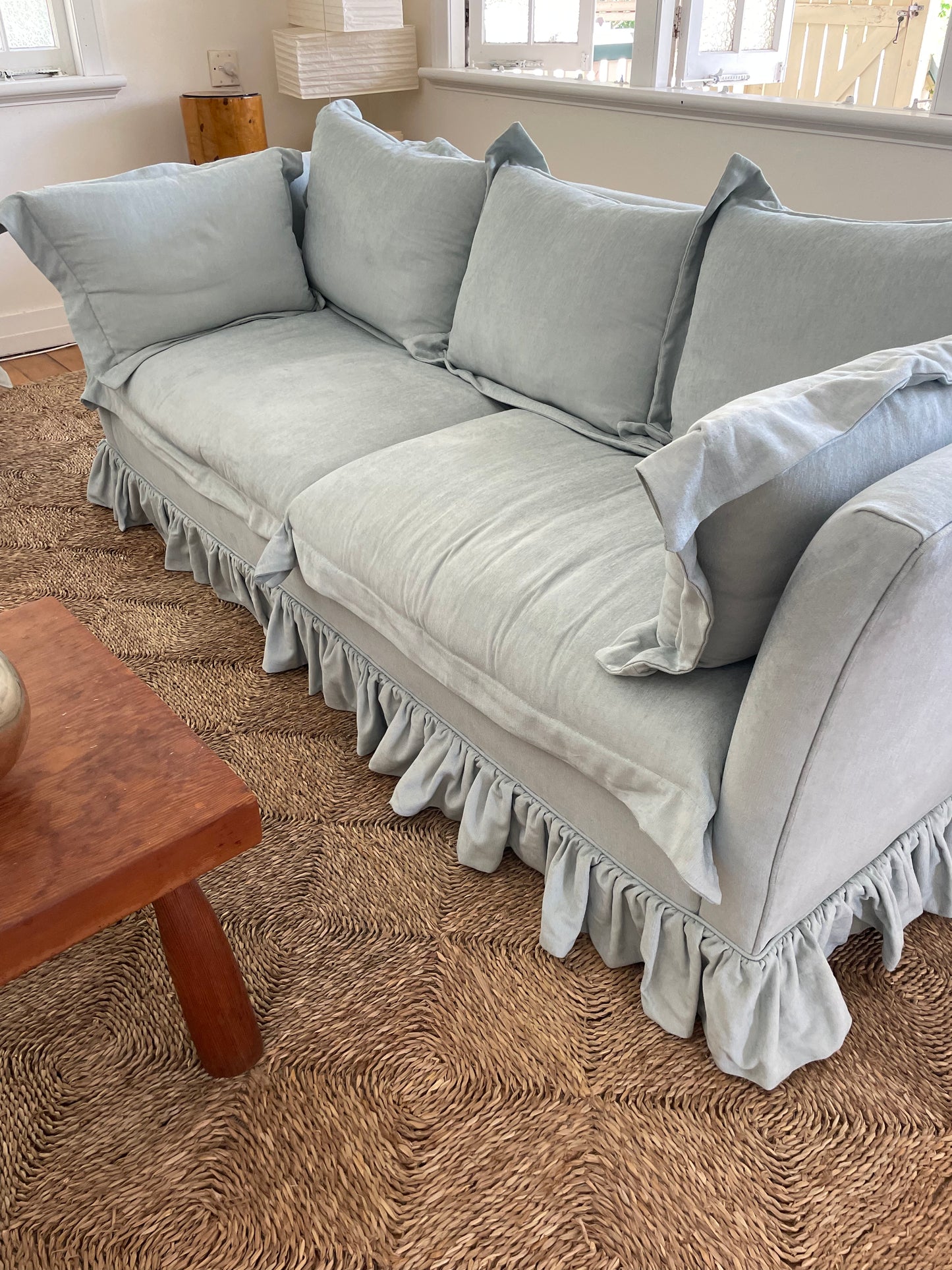 Blue Linen Ruffle Sofa