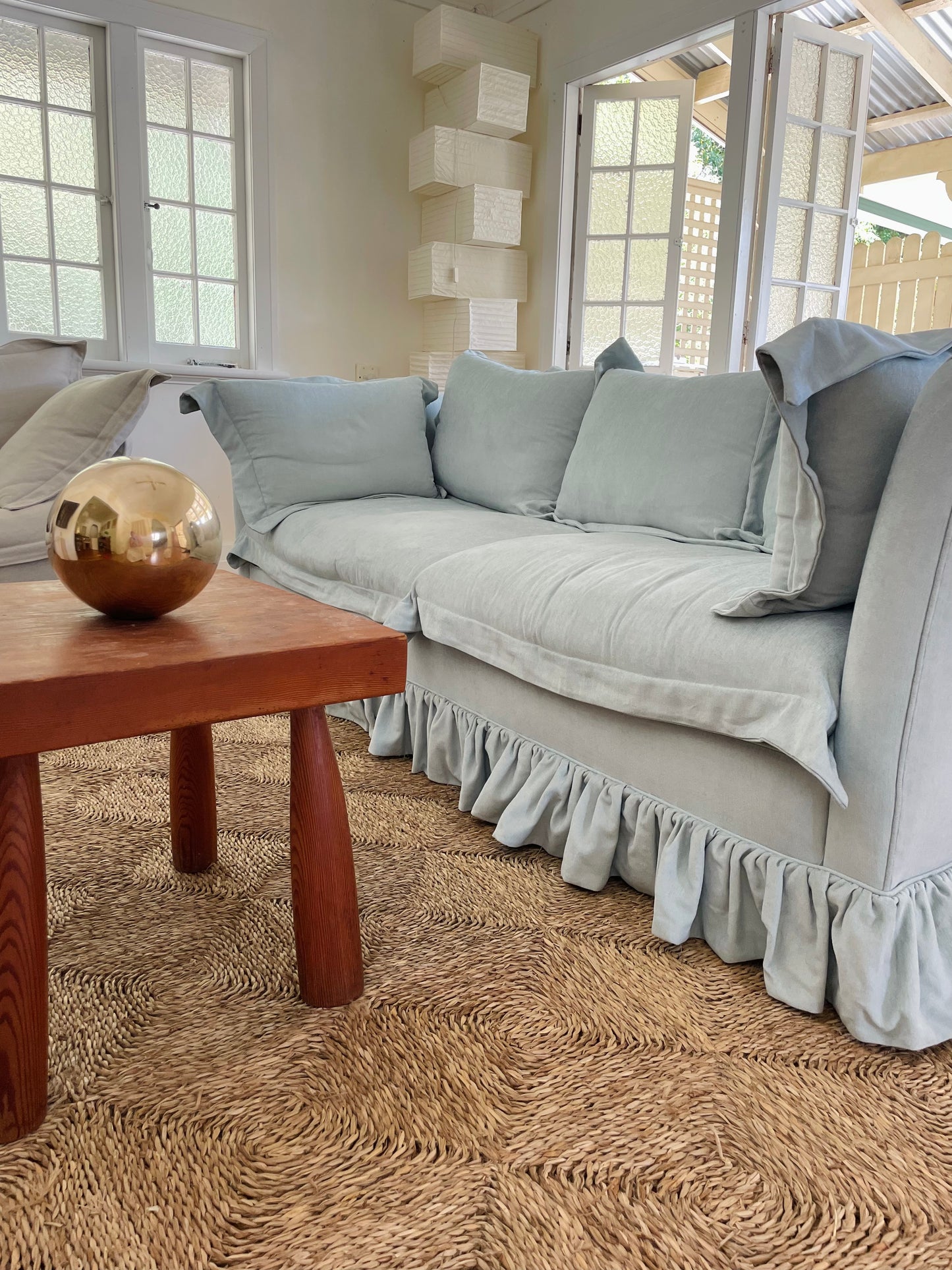Blue Linen Ruffle Sofa