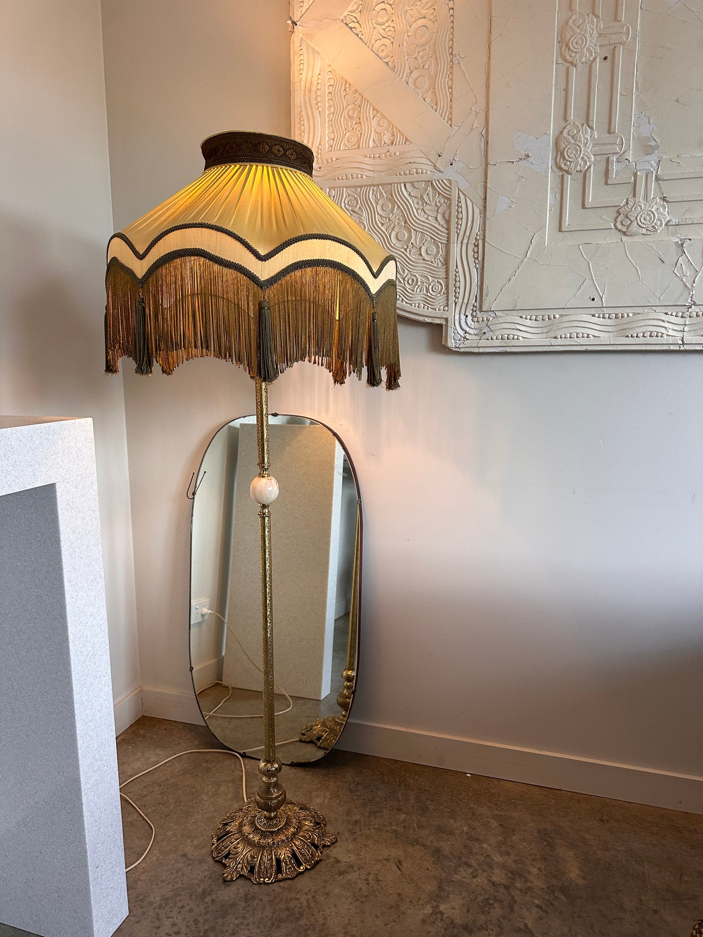 Stunning Green Victorian Silk Tassel Shade Standing Lamp.