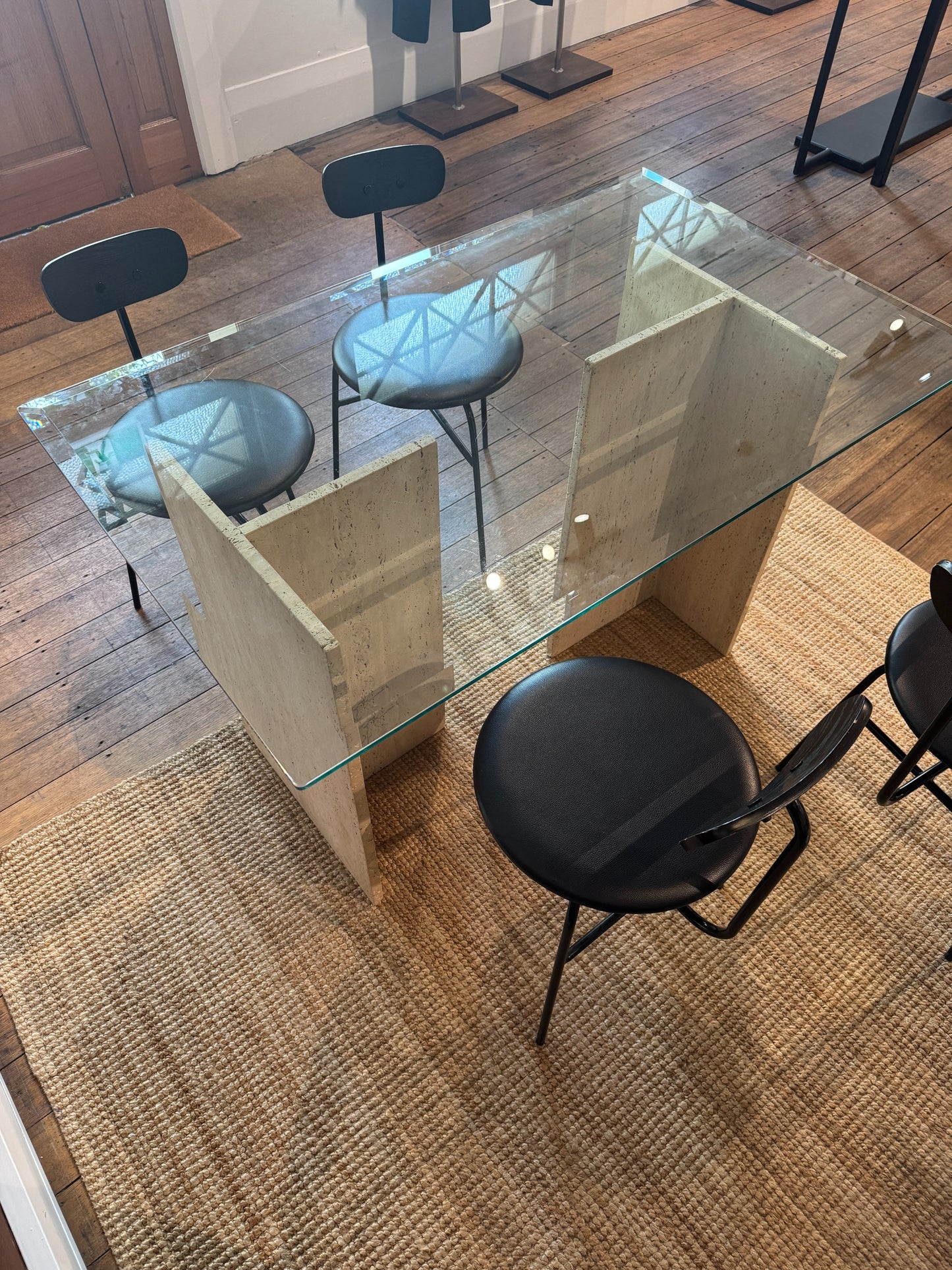 Travertine Glass Table & Set of Four Menu Chairs