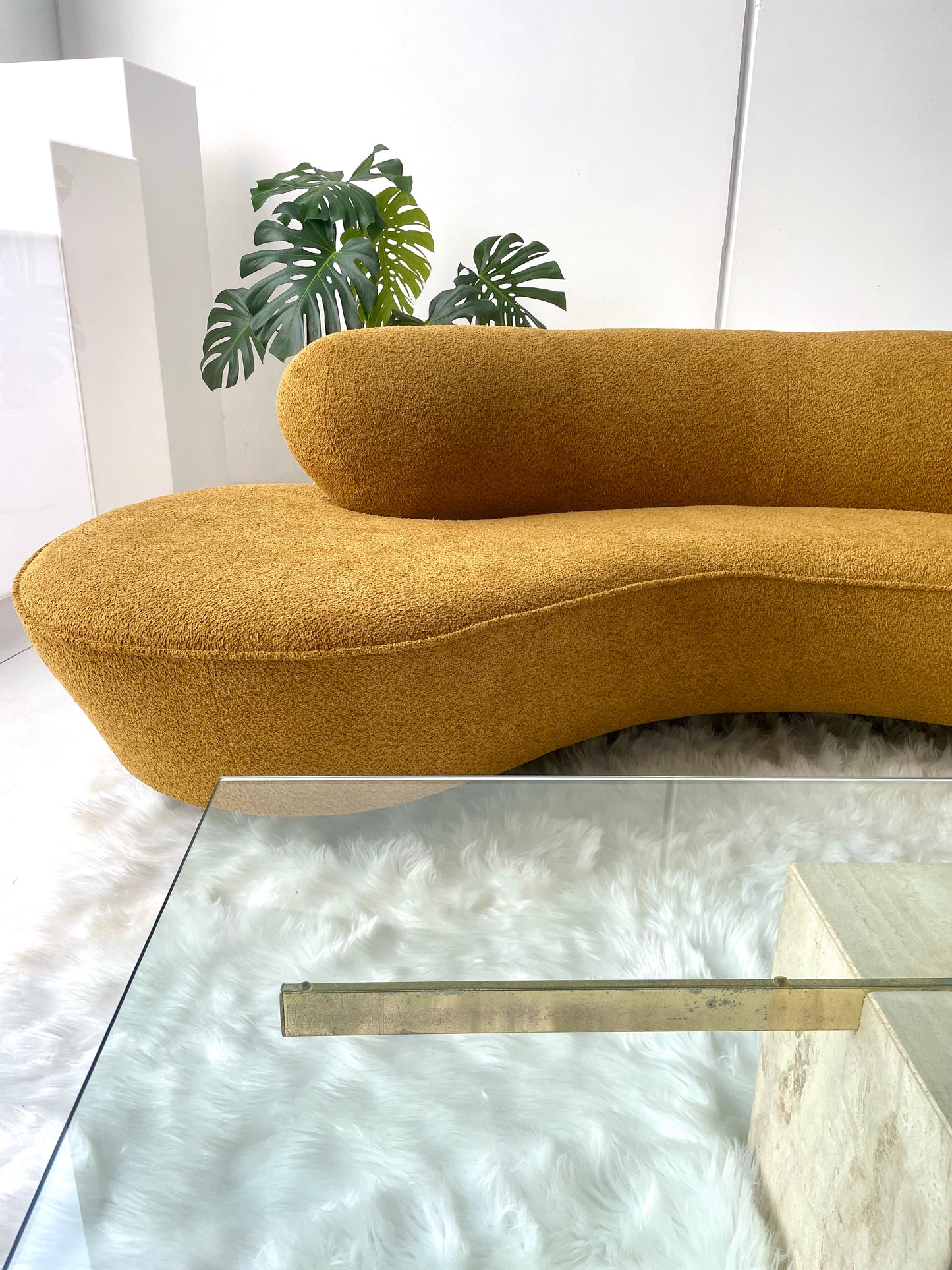 - Curved Mustard Bouclé Sofa