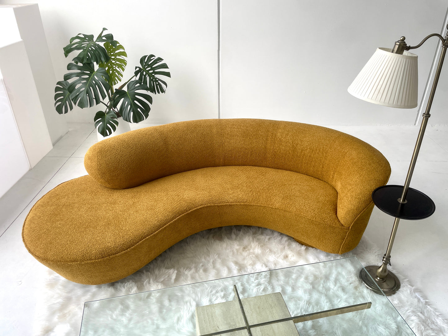 - Curved Mustard Bouclé Sofa