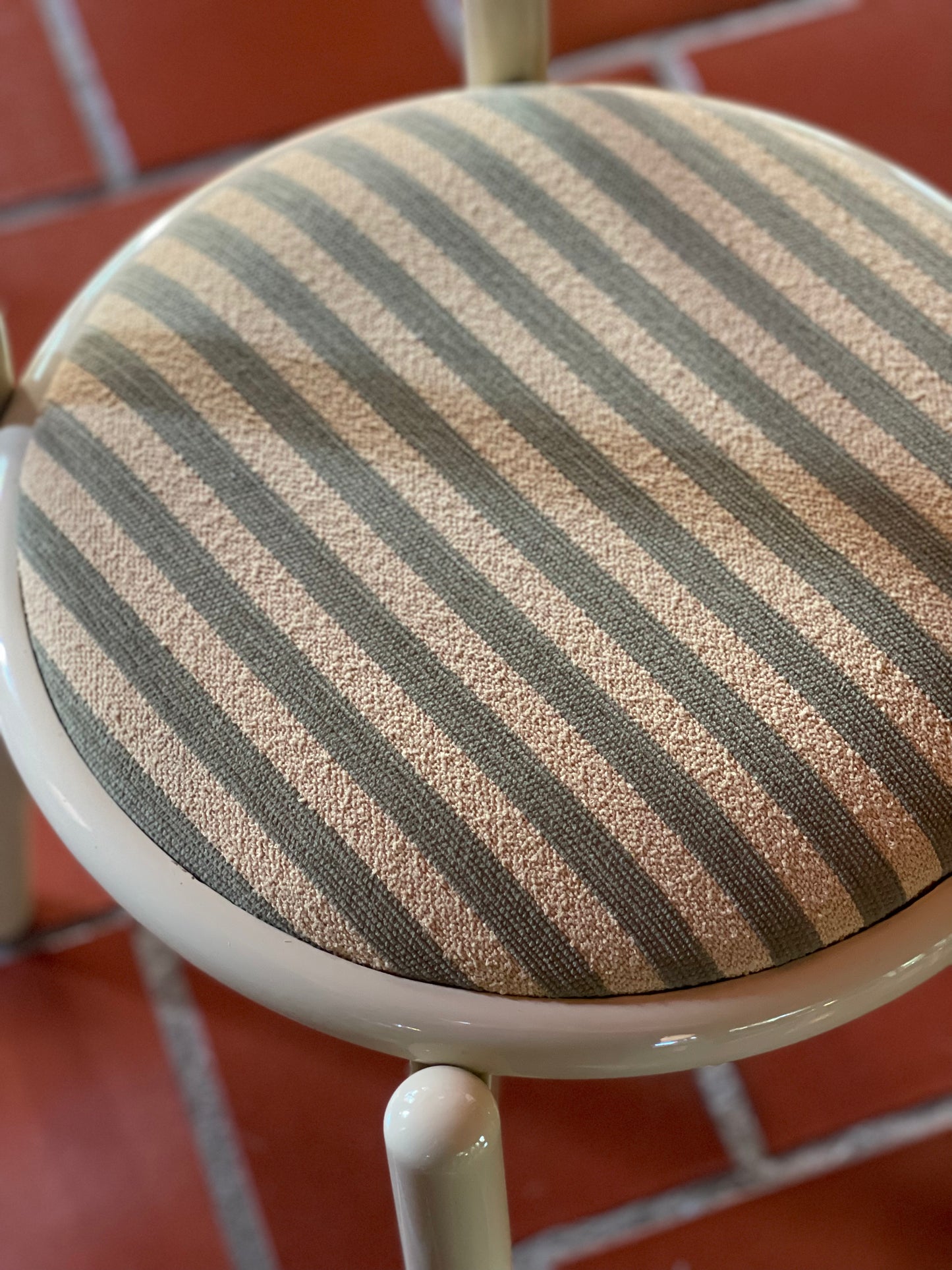 Lacquered Timber Ladderback Chairs with Stripe Upholstery