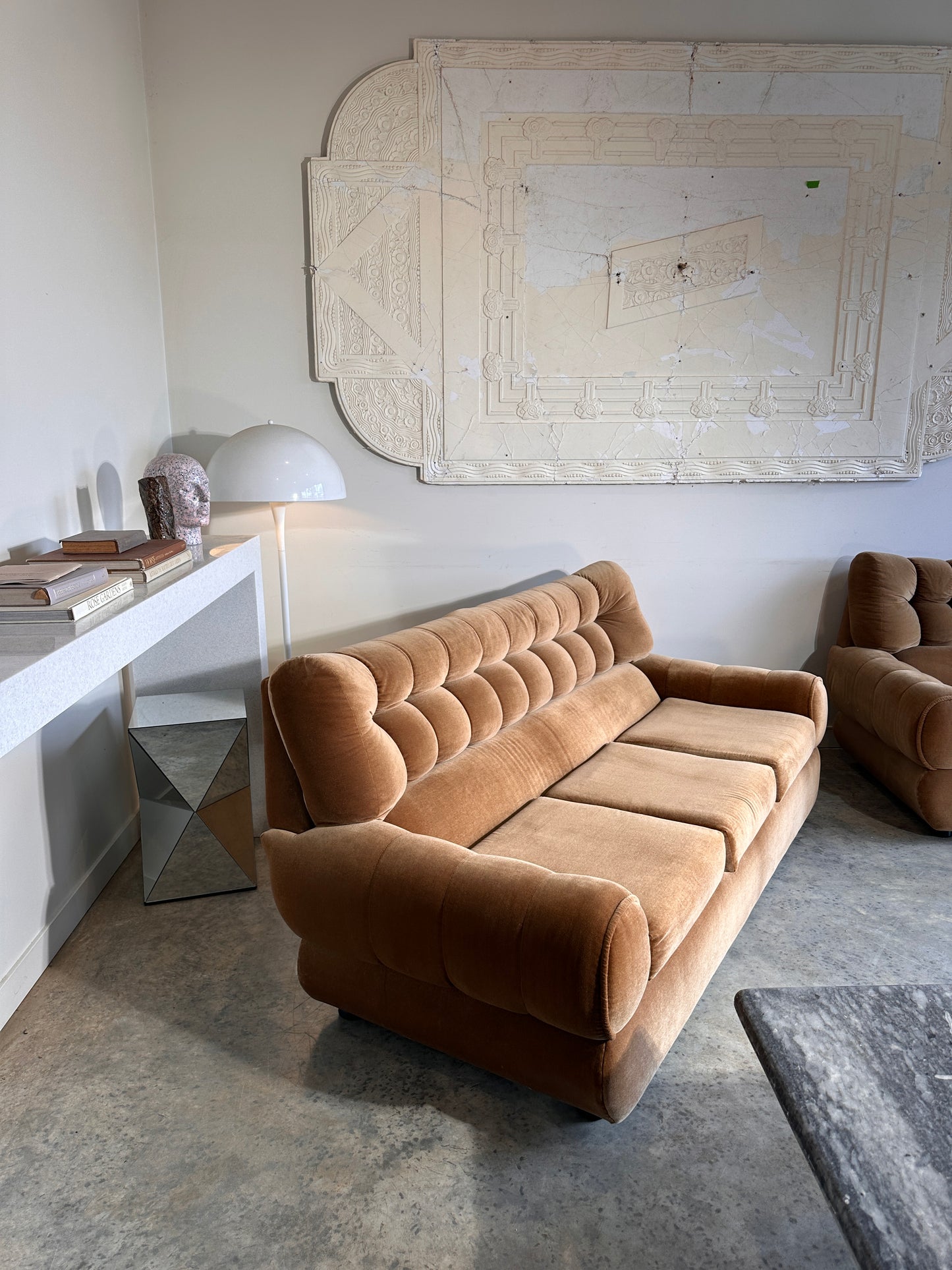 Vintage Tufted Caramel Velvet Sofa