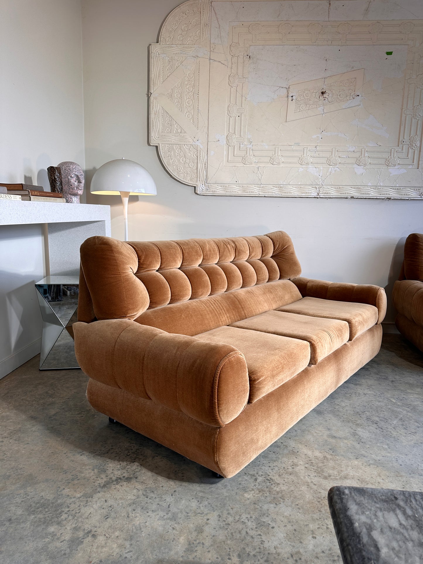 Vintage Tufted Caramel Velvet Sofa