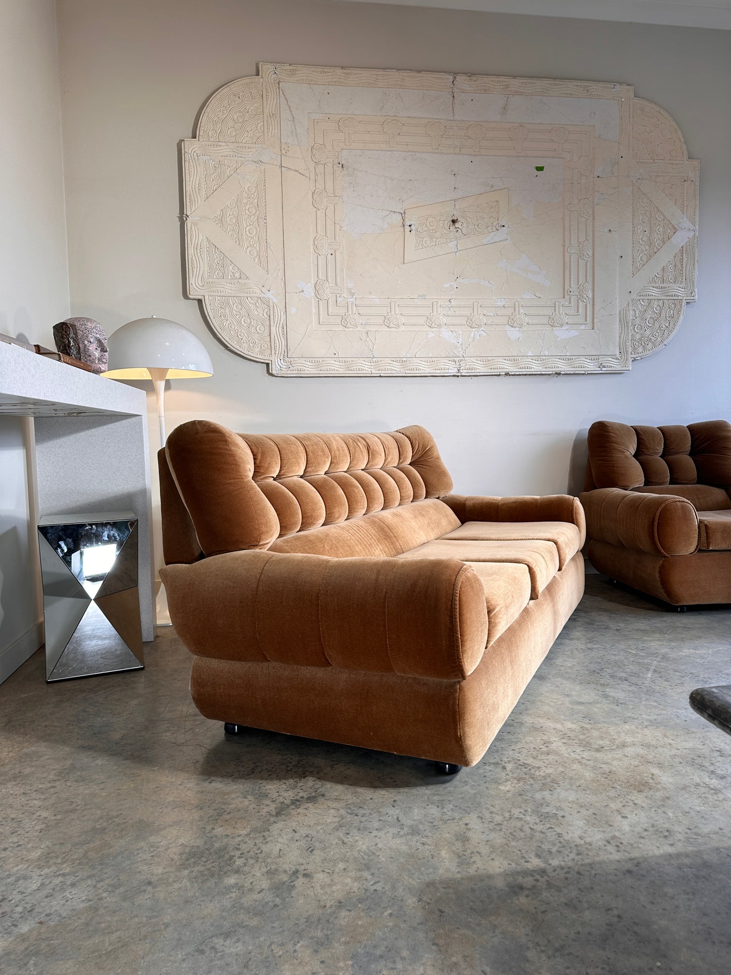 Vintage Tufted Caramel Velvet Sofa