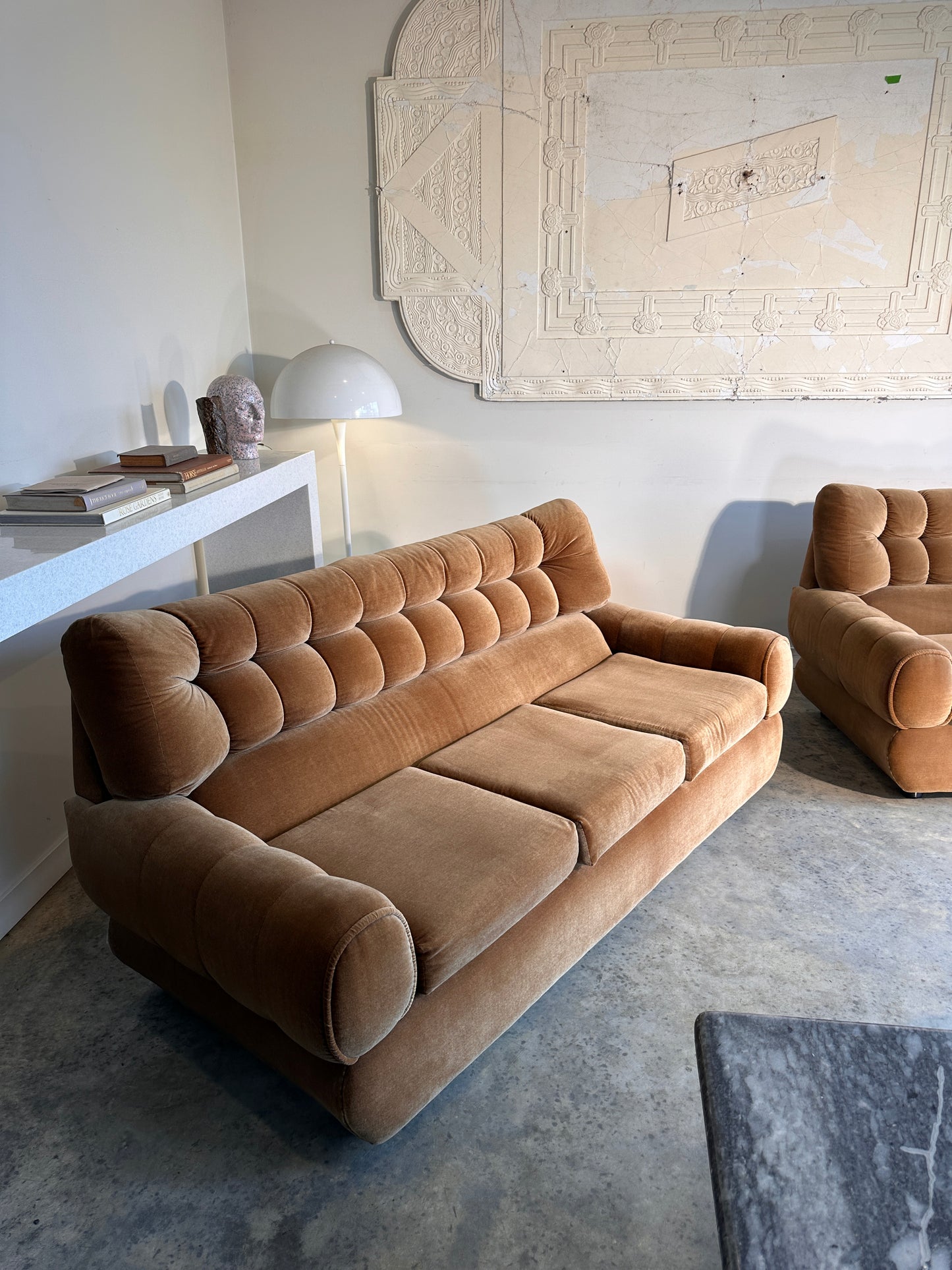 Vintage Tufted Caramel Velvet Sofa