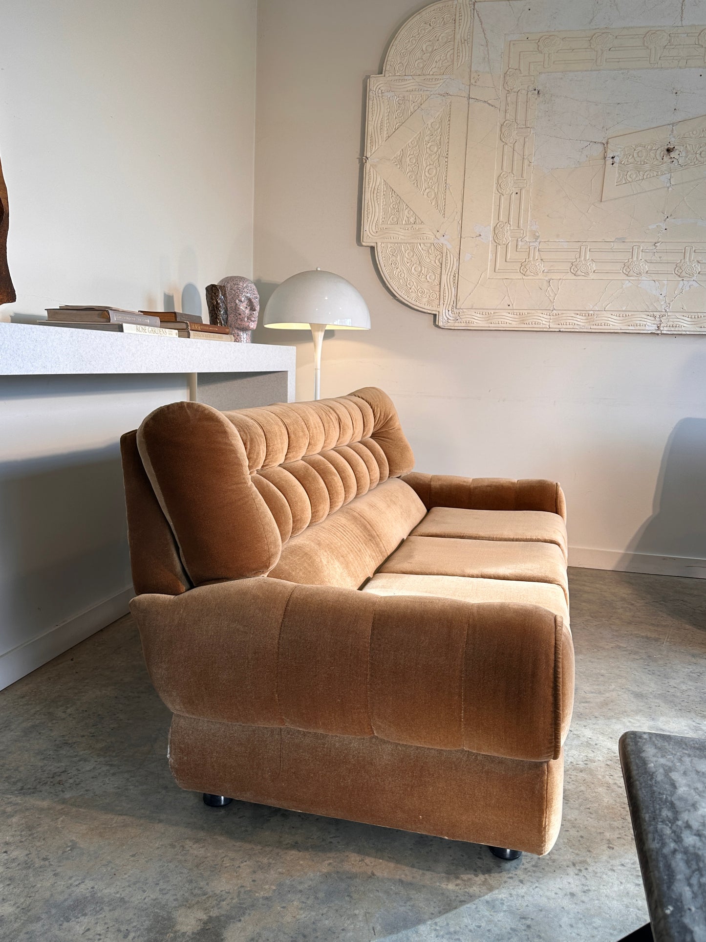 Vintage Tufted Caramel Velvet Sofa