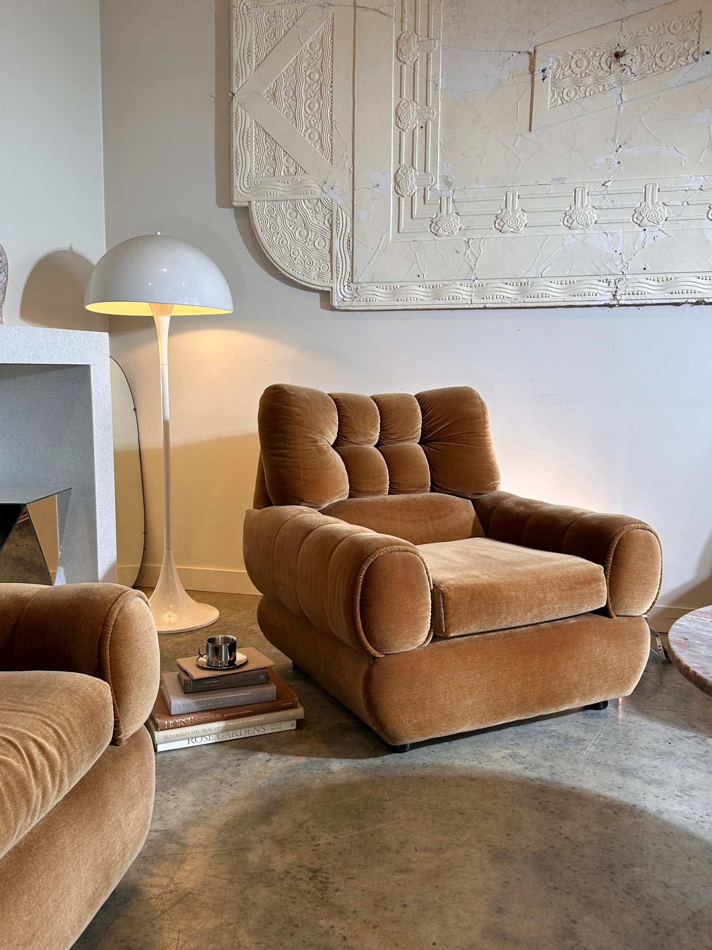 Vintage Tufted Caramel Velvet Armchair