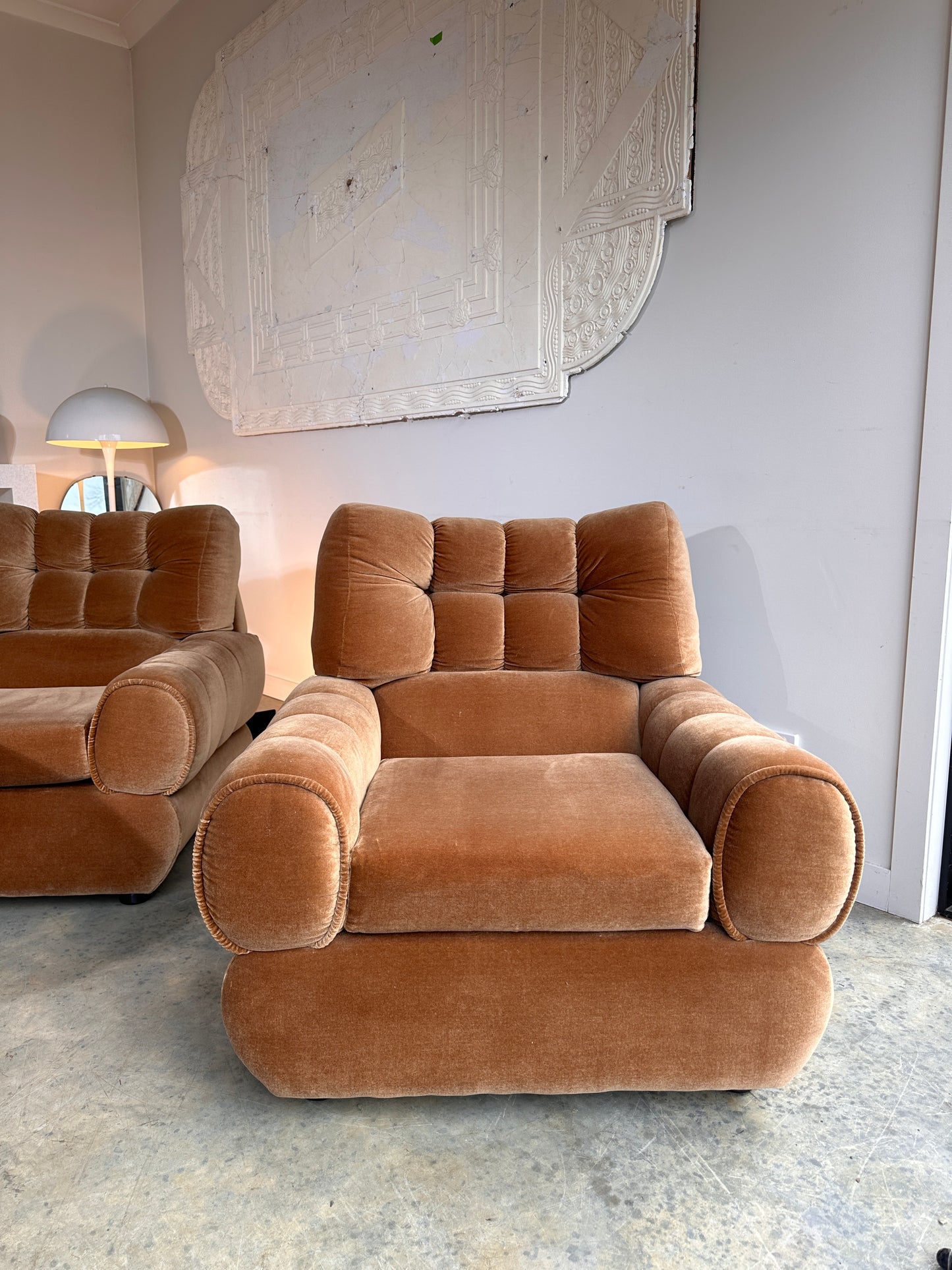 Vintage Tufted Caramel Velvet Armchair