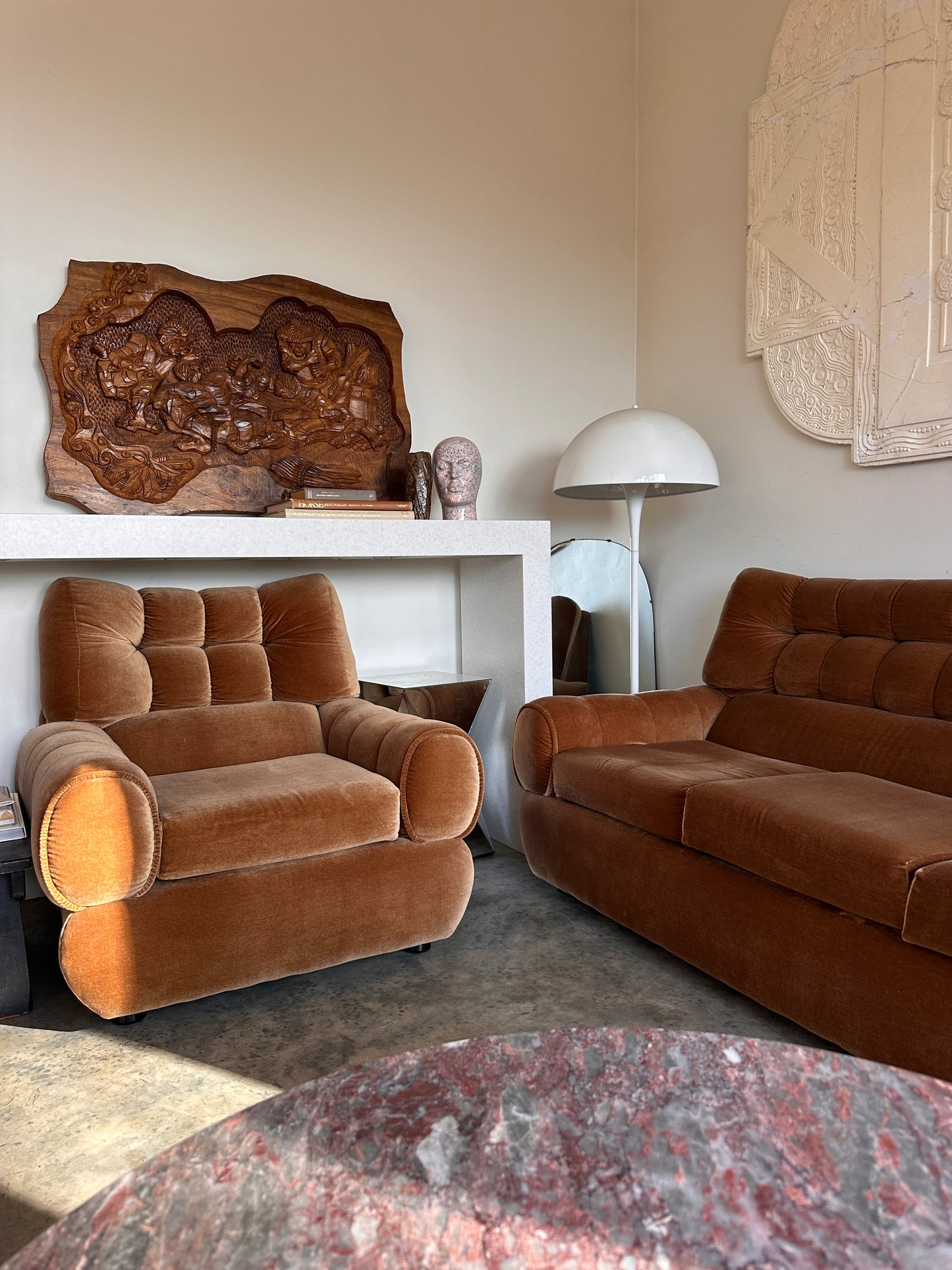 Vintage Tufted Caramel Velvet Armchair