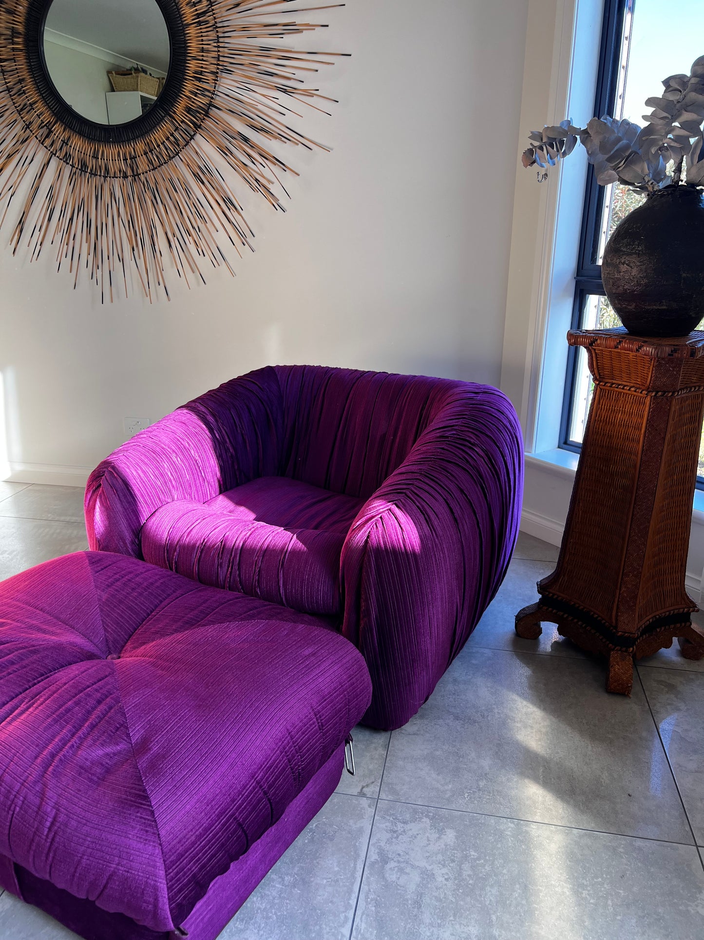 Purple Velvet Flerbelle Armchairs and Ottomans