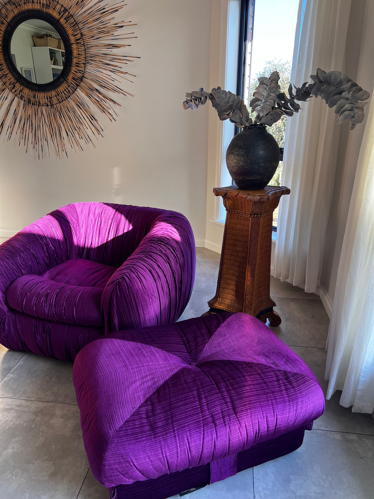 Purple Velvet Flerbelle Armchairs and Ottomans