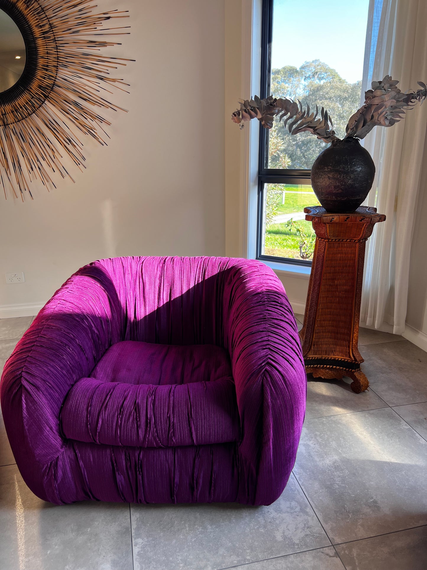 Purple Velvet Flerbelle Armchairs and Ottomans
