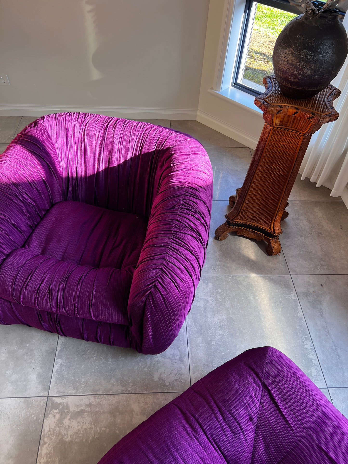 Purple Velvet Flerbelle Armchairs and Ottomans