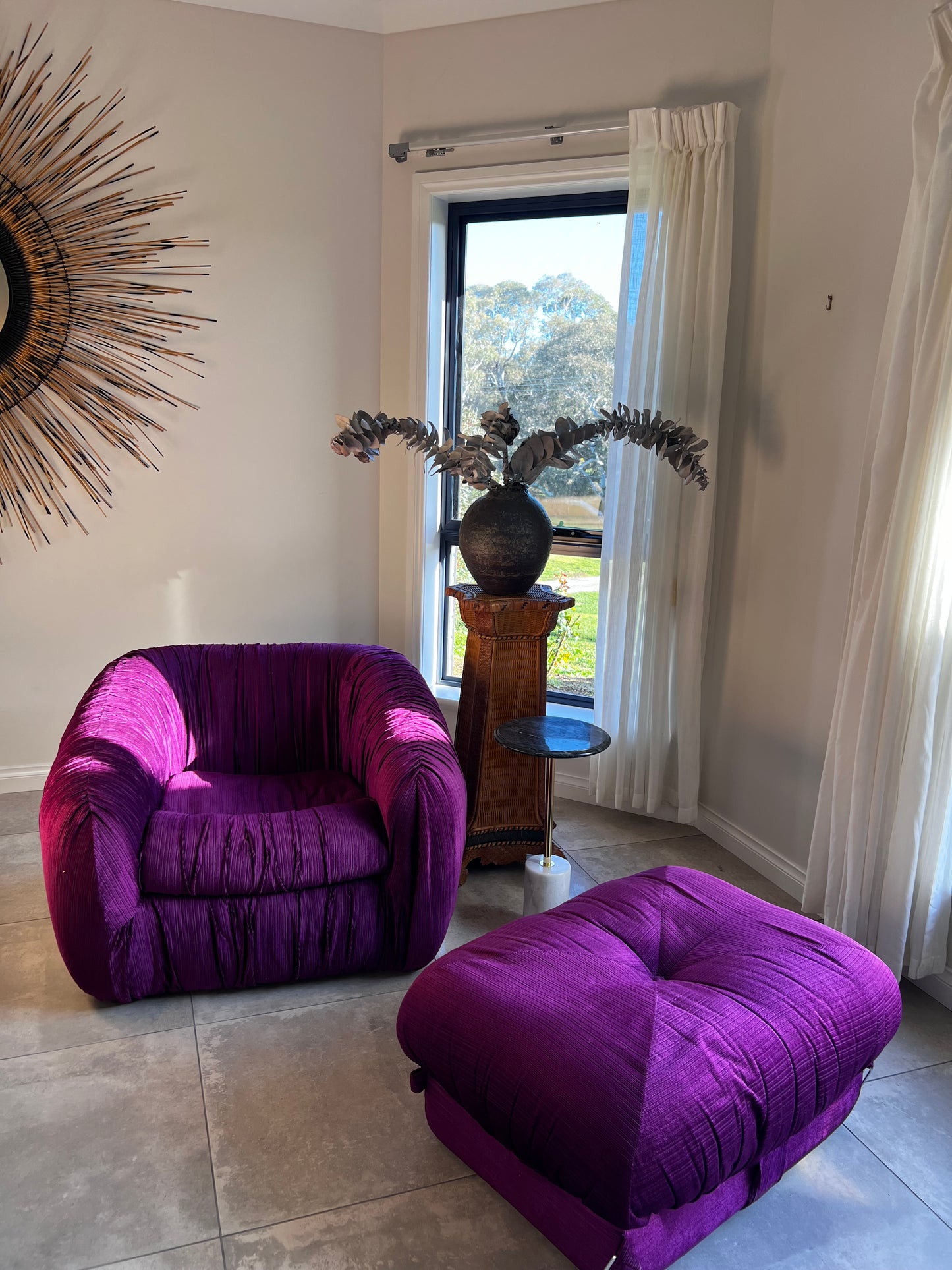 Purple Velvet Flerbelle Armchairs and Ottomans