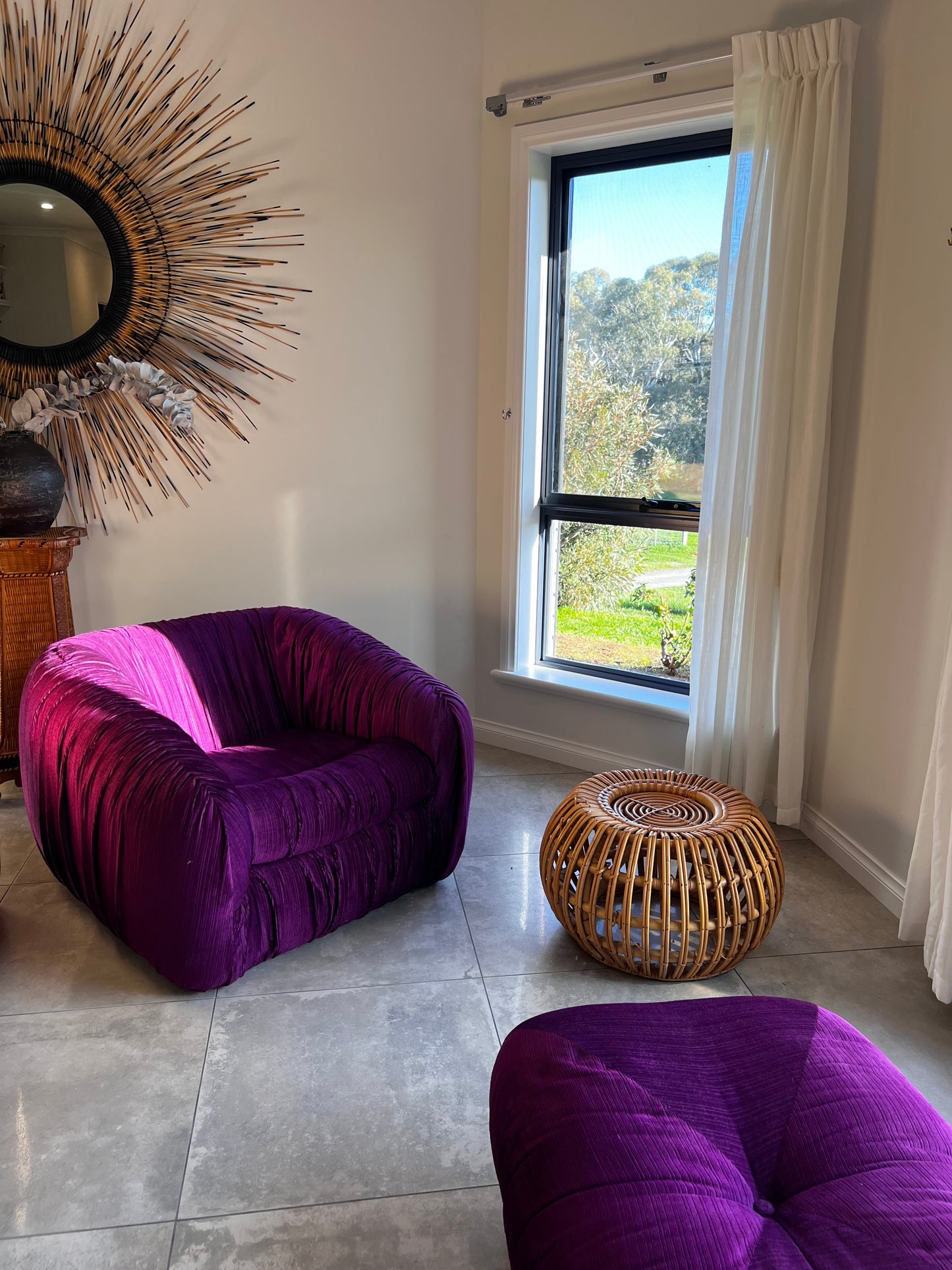 Purple Velvet Flerbelle Armchairs and Ottomans