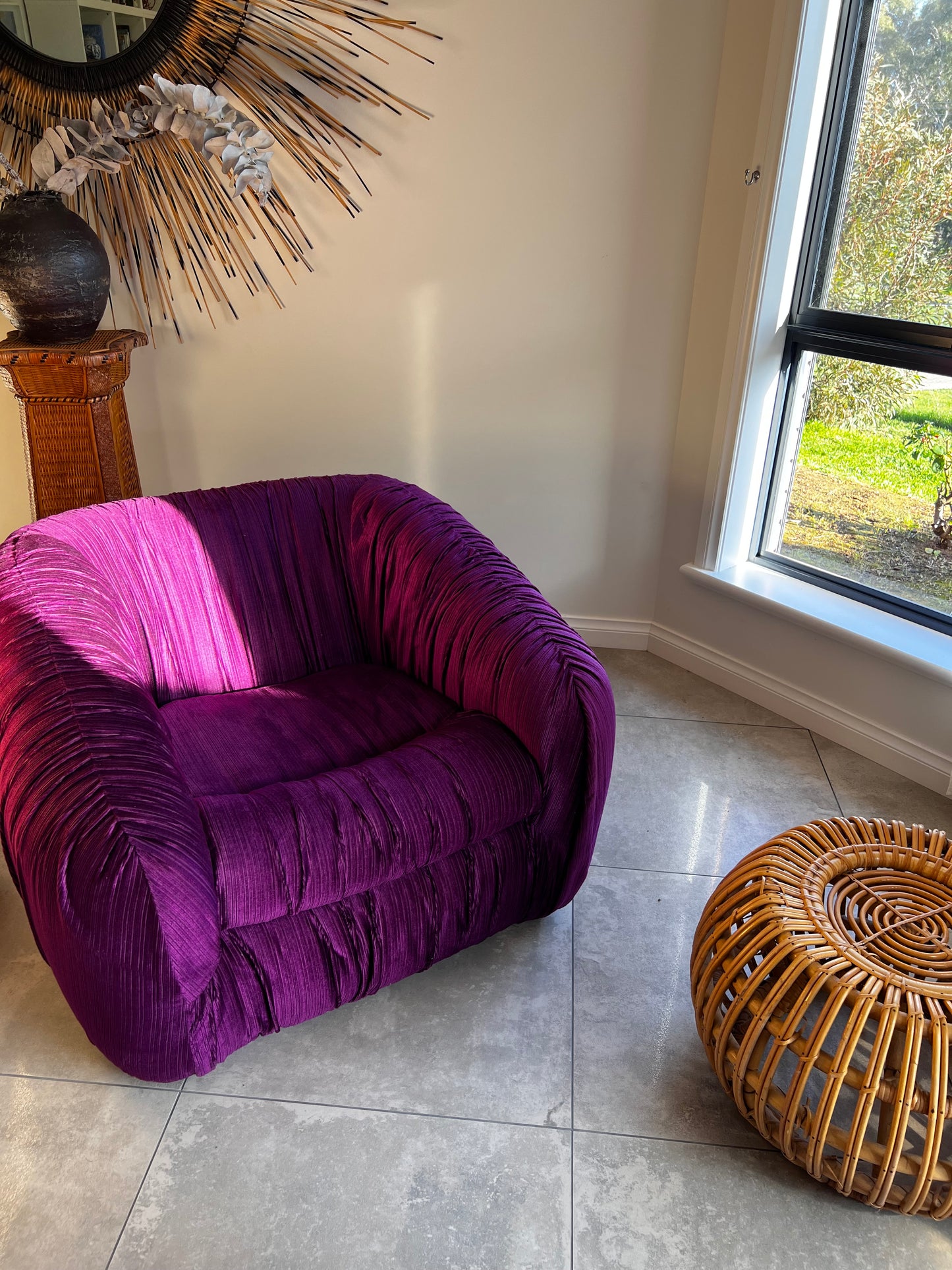 Purple Velvet Flerbelle Armchairs and Ottomans