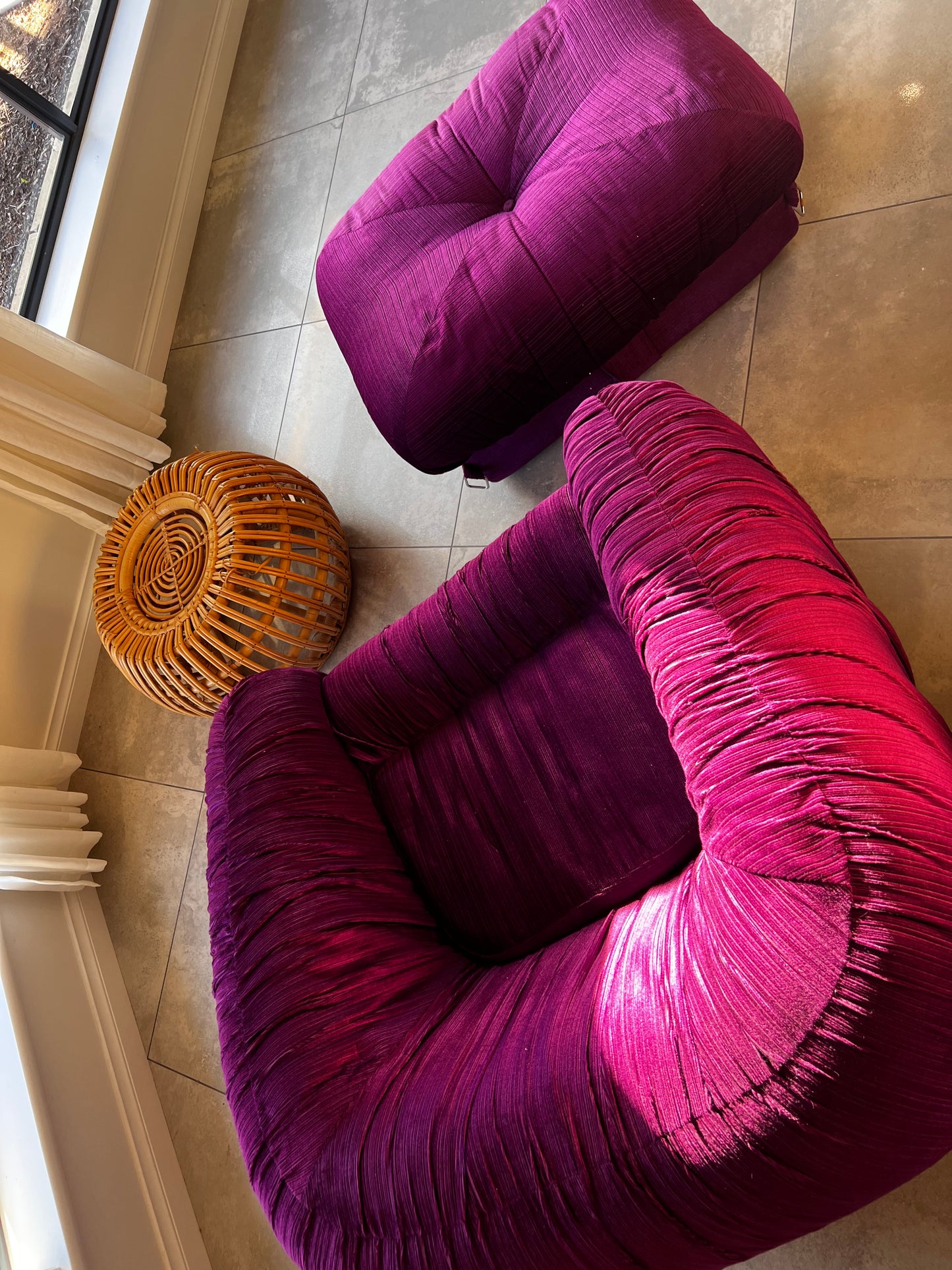 Purple Velvet Flerbelle Armchairs and Ottomans