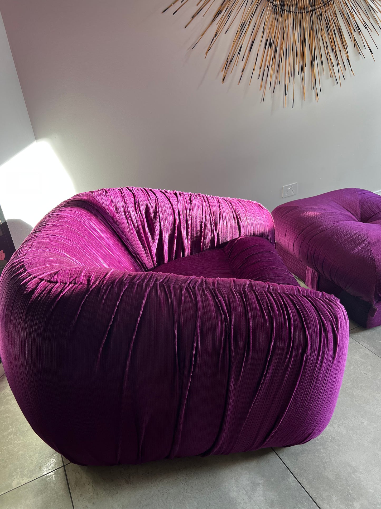 Purple Velvet Flerbelle Armchairs and Ottomans