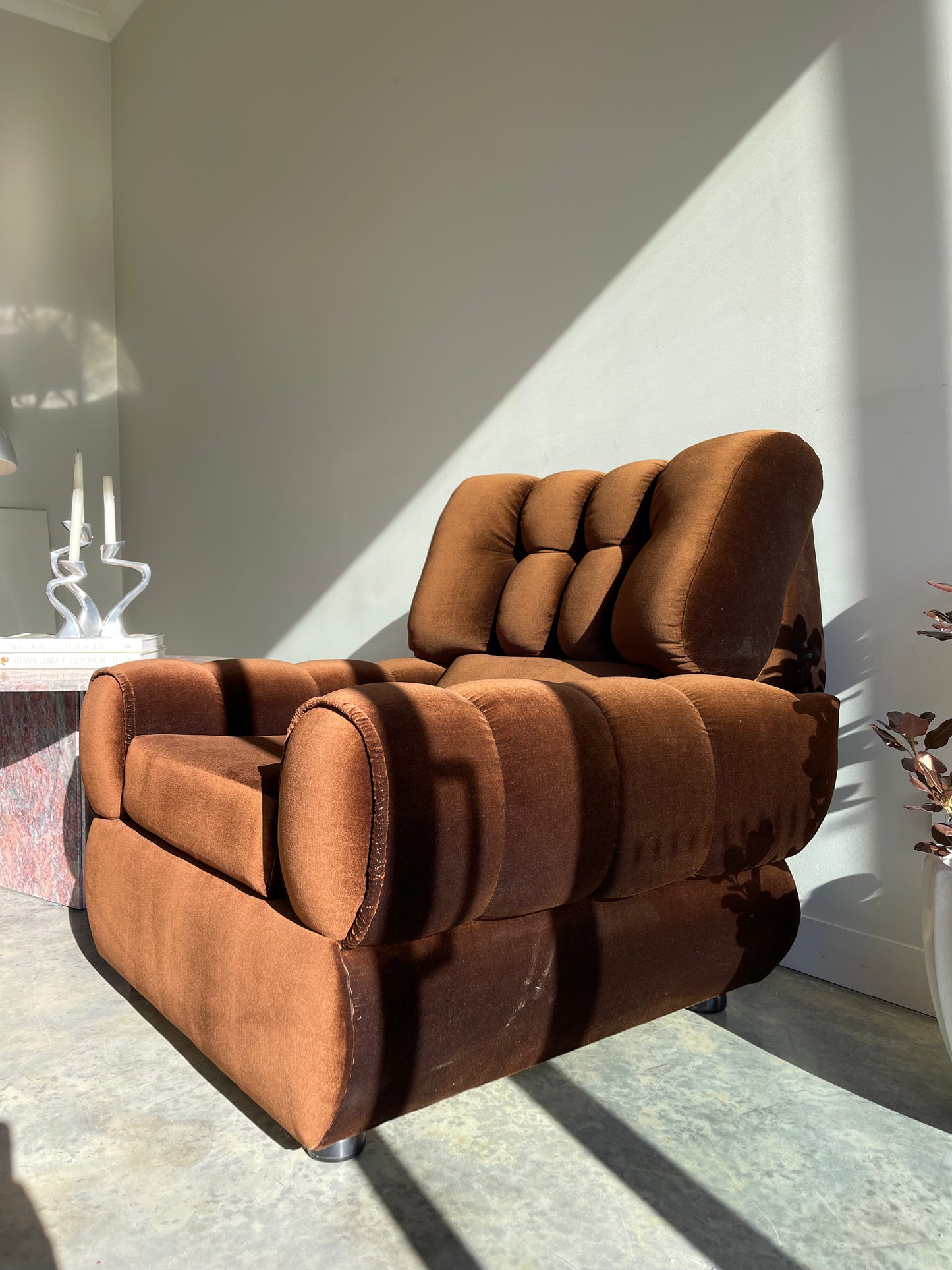 - Vintage Tufted Chocolate Velvet Armchair