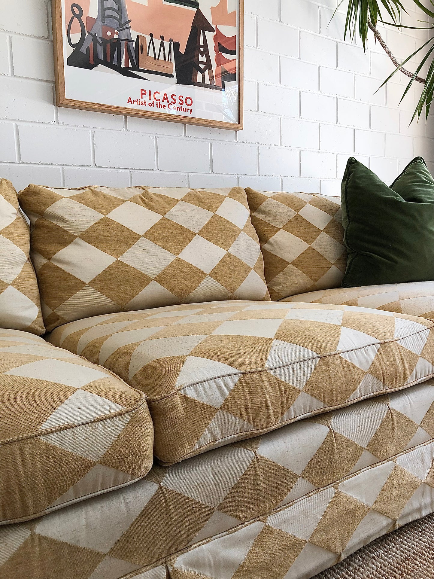 Vintage Cream & Gold Checker Sofa