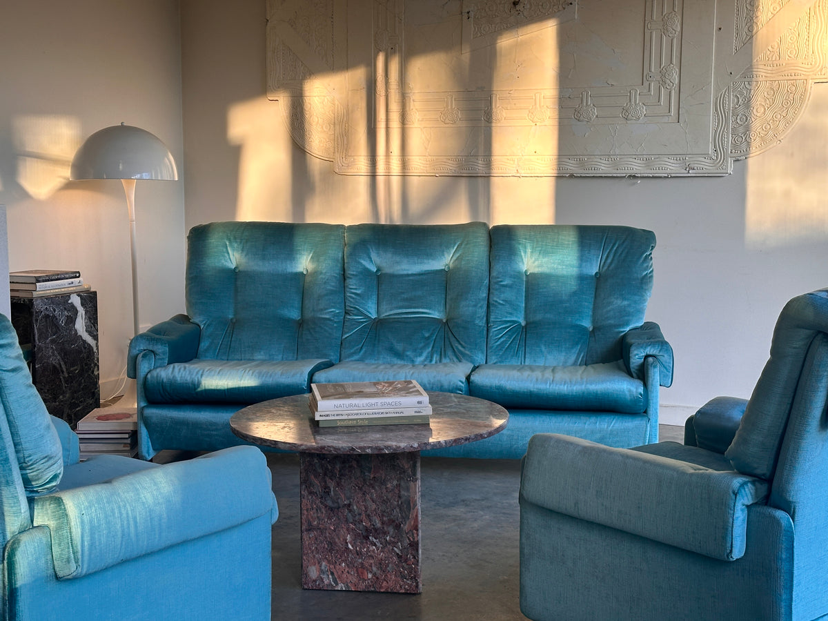 Vintage Blue Velvet Space-Age Sofa & Armchairs - 60's