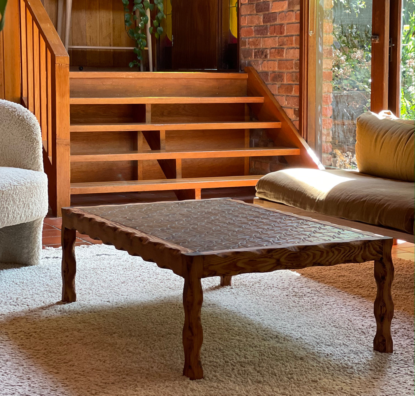 Wavy Timber Coffee Table With Tiled Top