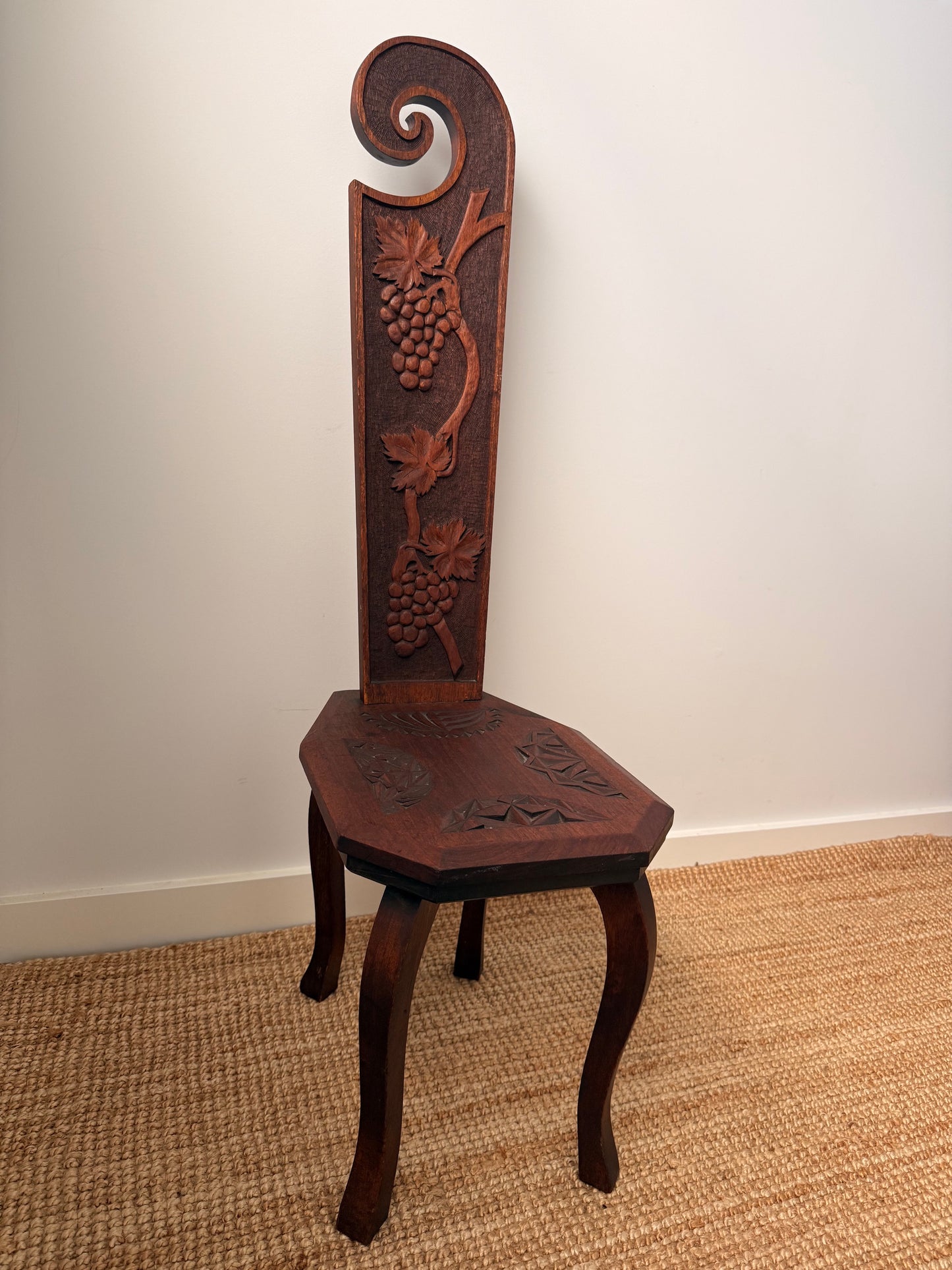 Antique Carved Oak Spinning Chair with Grapevine Detail